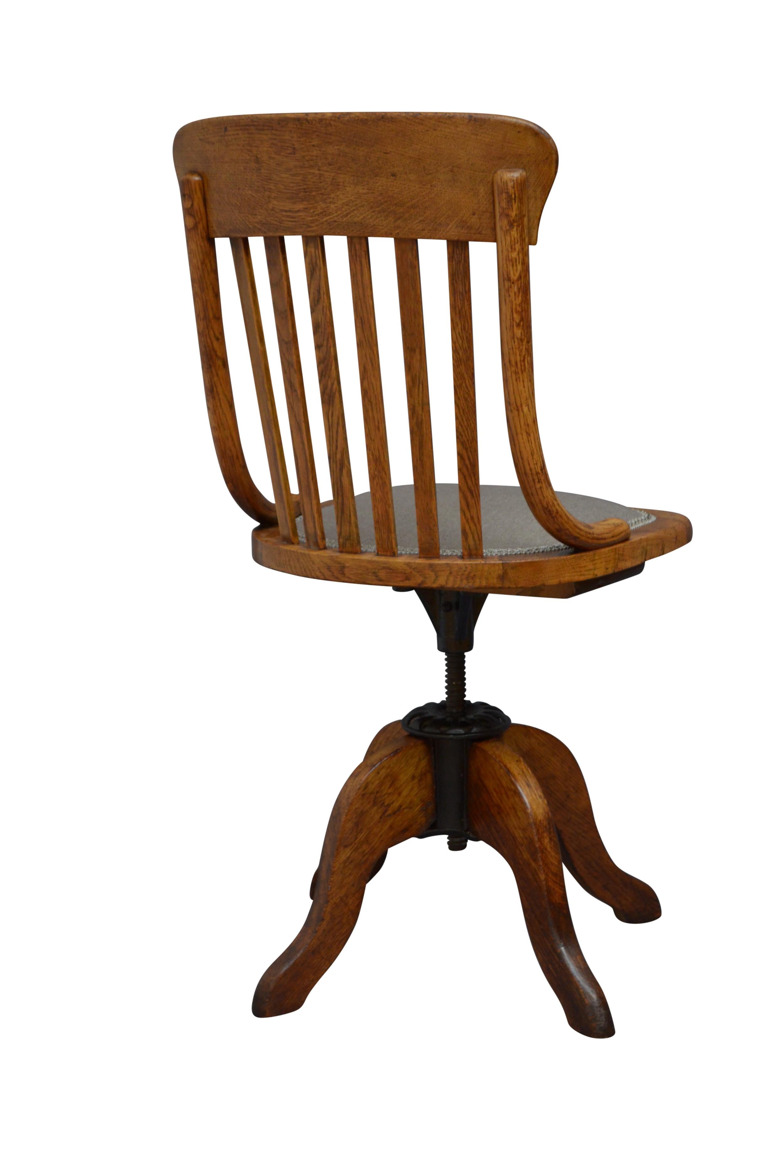 Unusual Early 20th Century Solid Oak Office Chair 4
