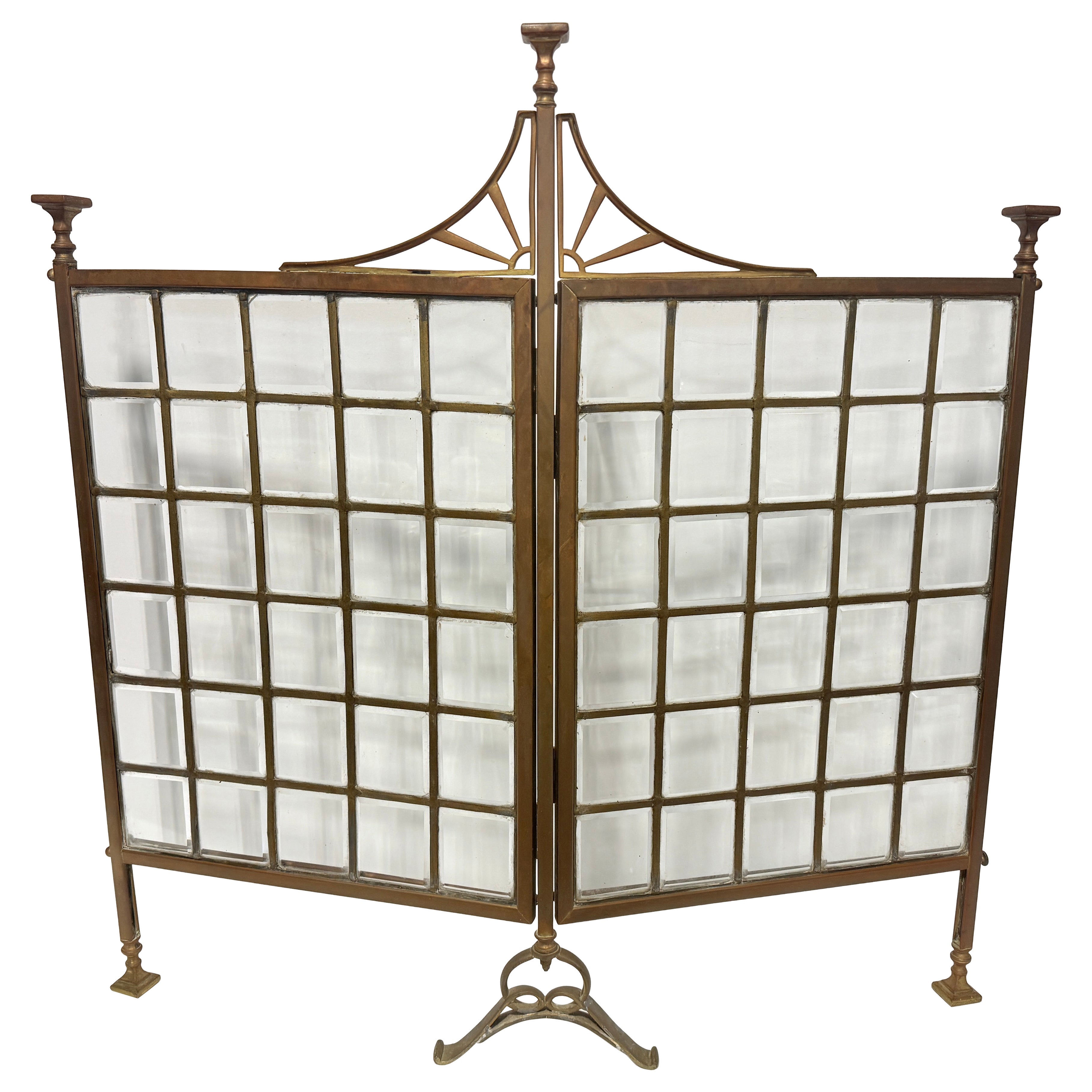 Unusual Edwardian Brass and Beveled Glass Folding Fire Screen, Late 19th C