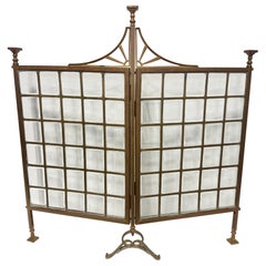 Unusual Edwardian Brass and Beveled Glass Folding Fire Screen, Late 19th C