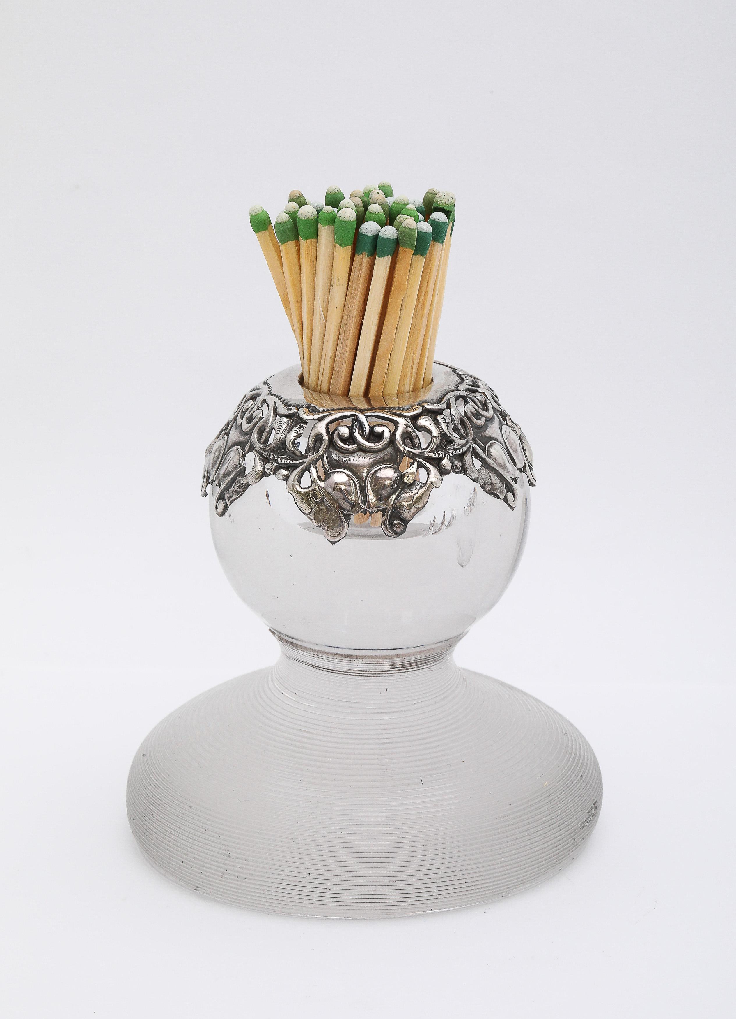 English Unusual Edwardian Period Sterling Silver-Mounted Threaded Crystal Match Striker For Sale
