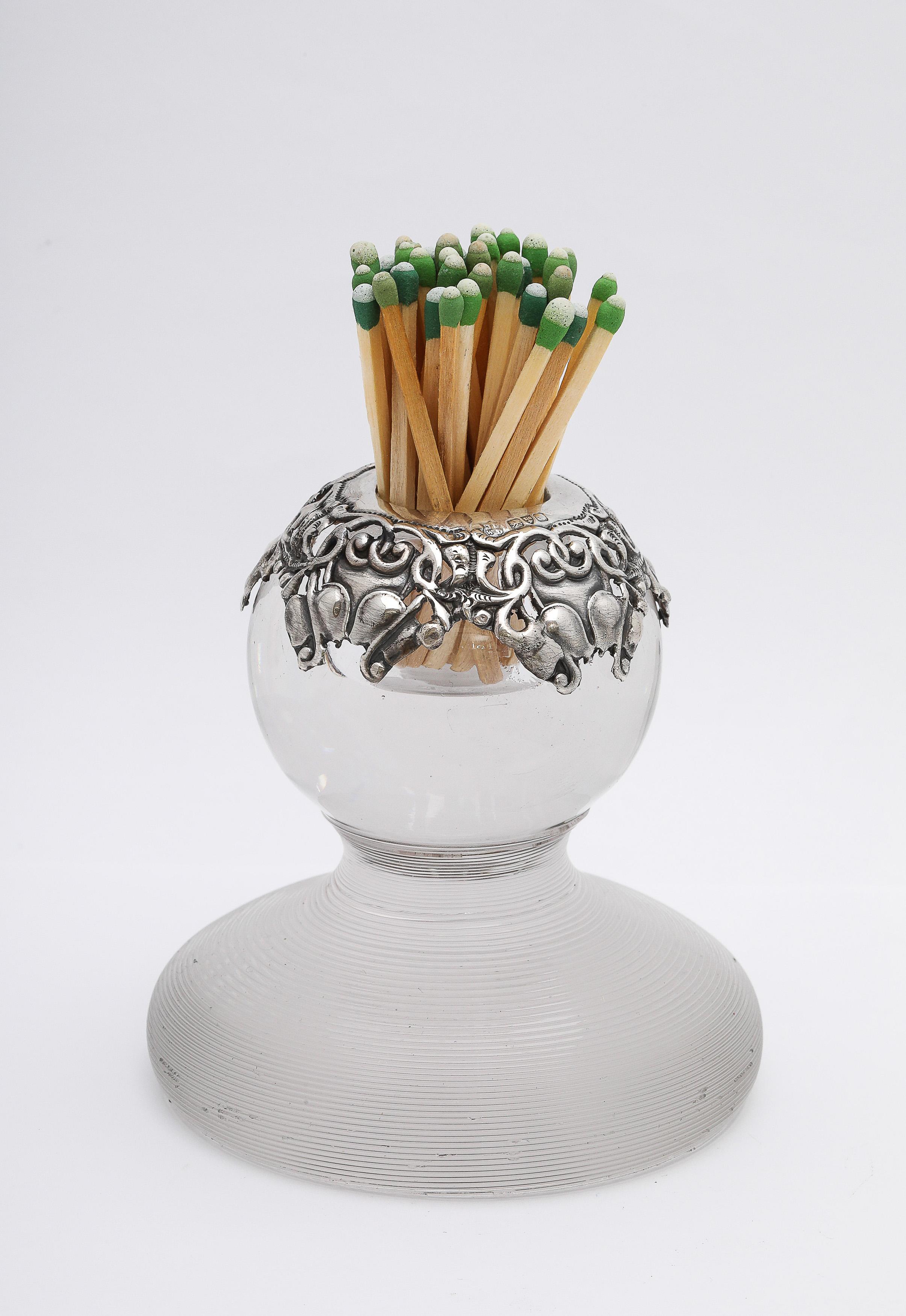 Unusual Edwardian Period Sterling Silver-Mounted Threaded Crystal Match Striker For Sale 1
