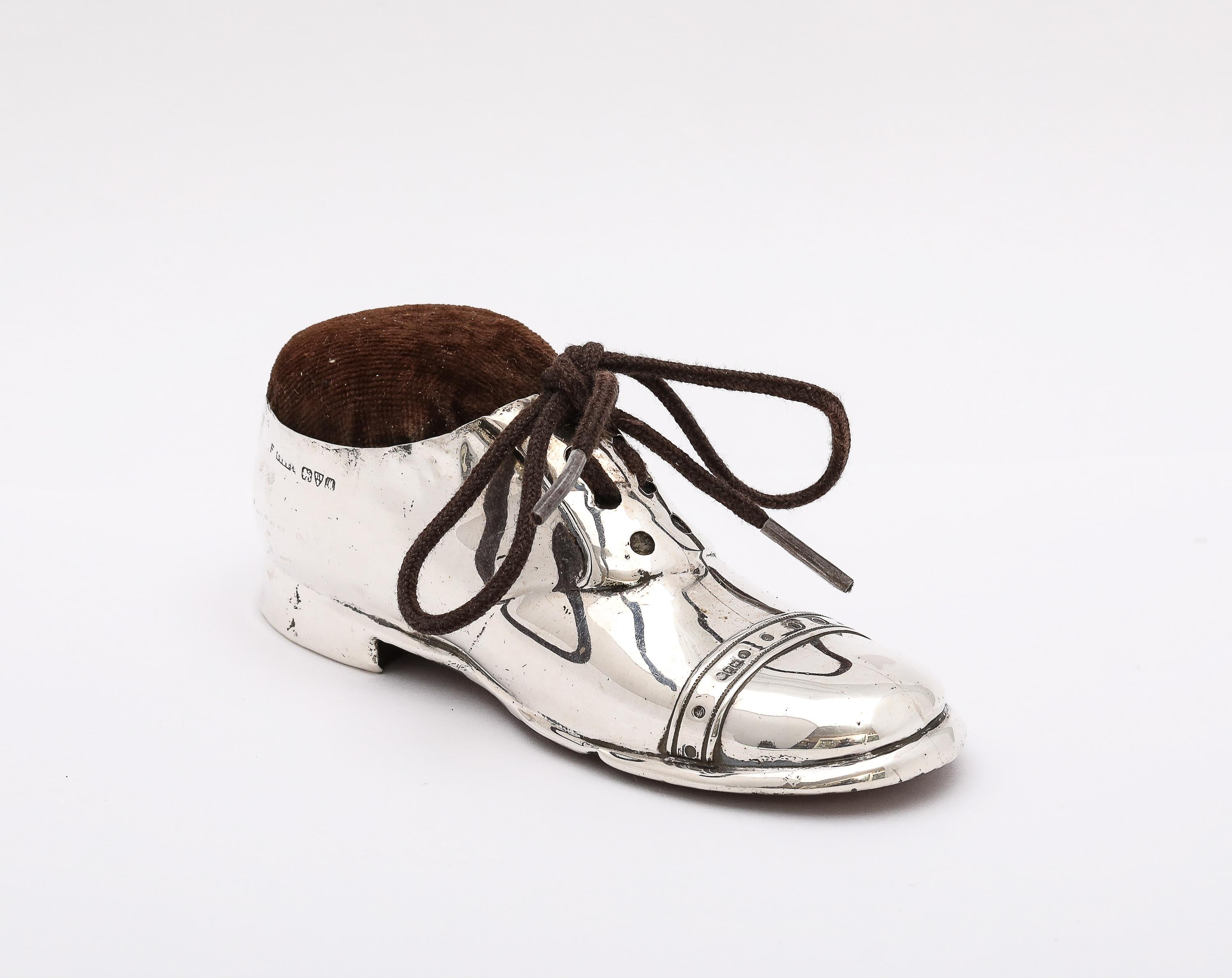 Unusual, large, sterling silver, shoe-form pincushion, having a wooden sole, Chester, England, year-hallmarked for 1912, S. Blankinsee and Sons - makers. Pin cushion itself is made from brown velvet, which has some minor scuffing (see photos) which