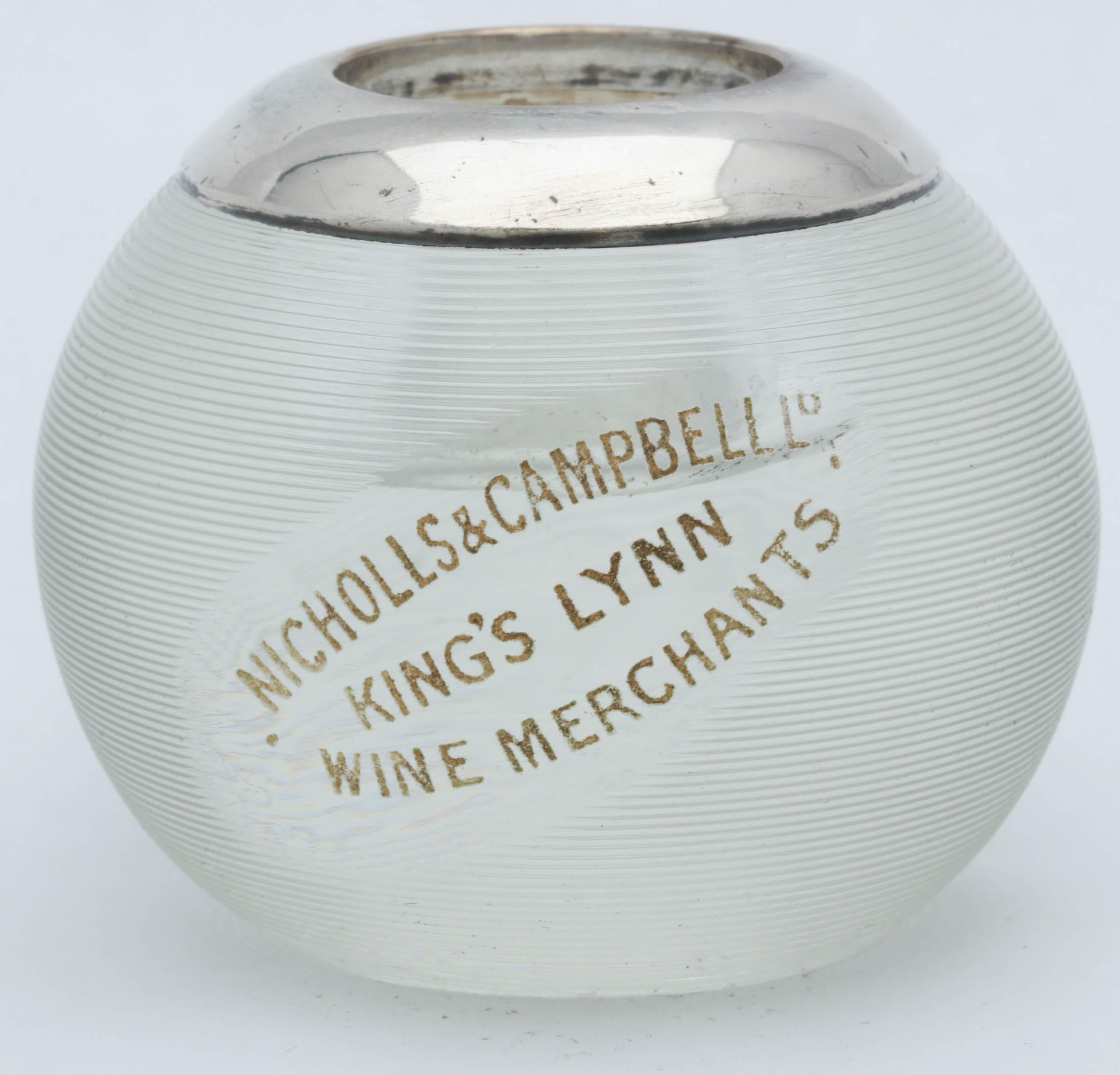 Unusual, large, Edwardian, sterling silver mounted, threaded crystal match striker, Birmingham, England, 1904, Robert Jones -maker. Made for the Nicholls and Campbell Ltd. Wine Merchants Shop in King's Lynn, England. Our research shows that the