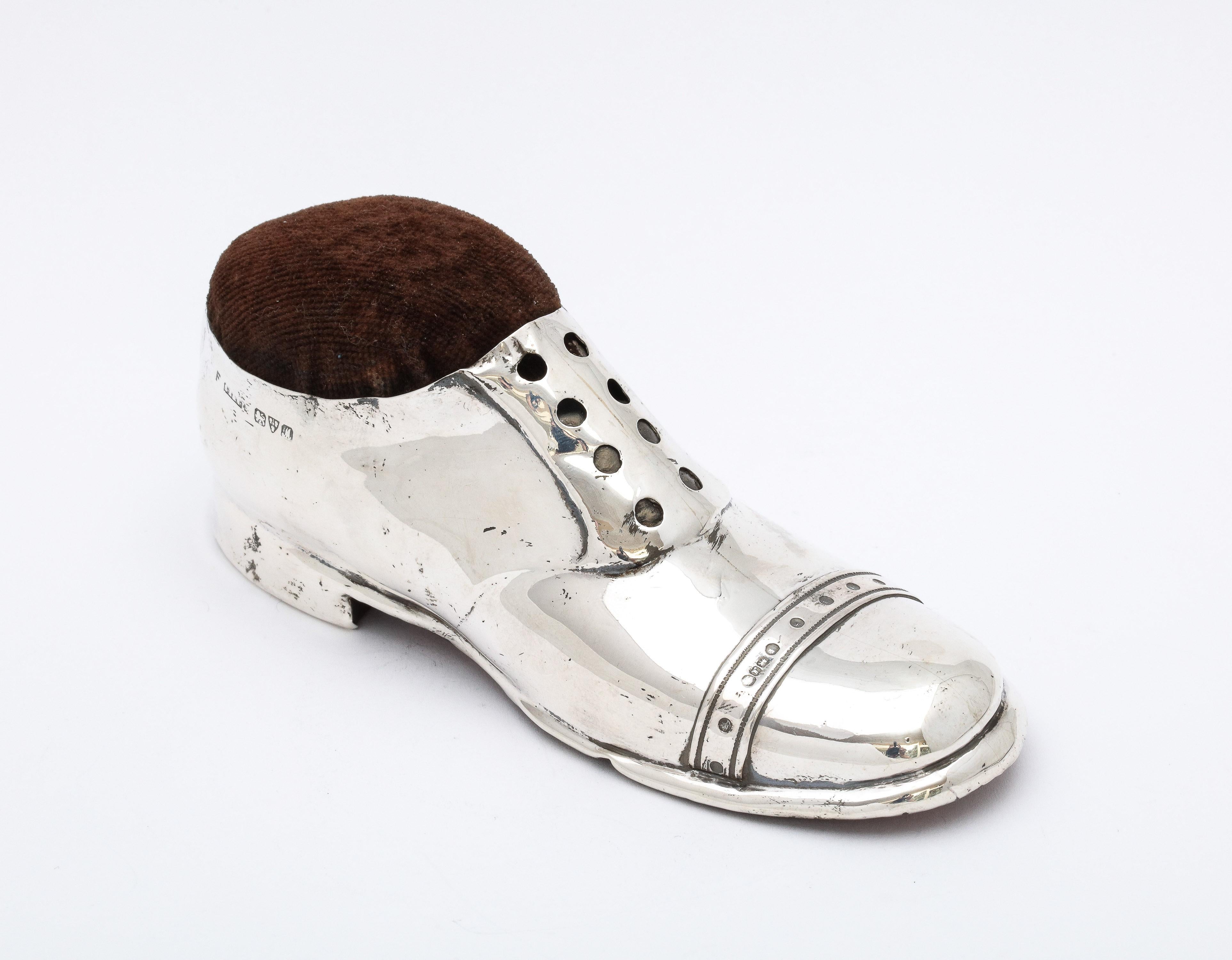 Unusual, large, sterling silver shoe-form pincushion, having a wooden sole, Chester, England, year-hallmarked for 1912, S. Blankinsee and Sons - makers. Pin cushion itself is made from brown velvet, which has some minor scuffing (see photos)