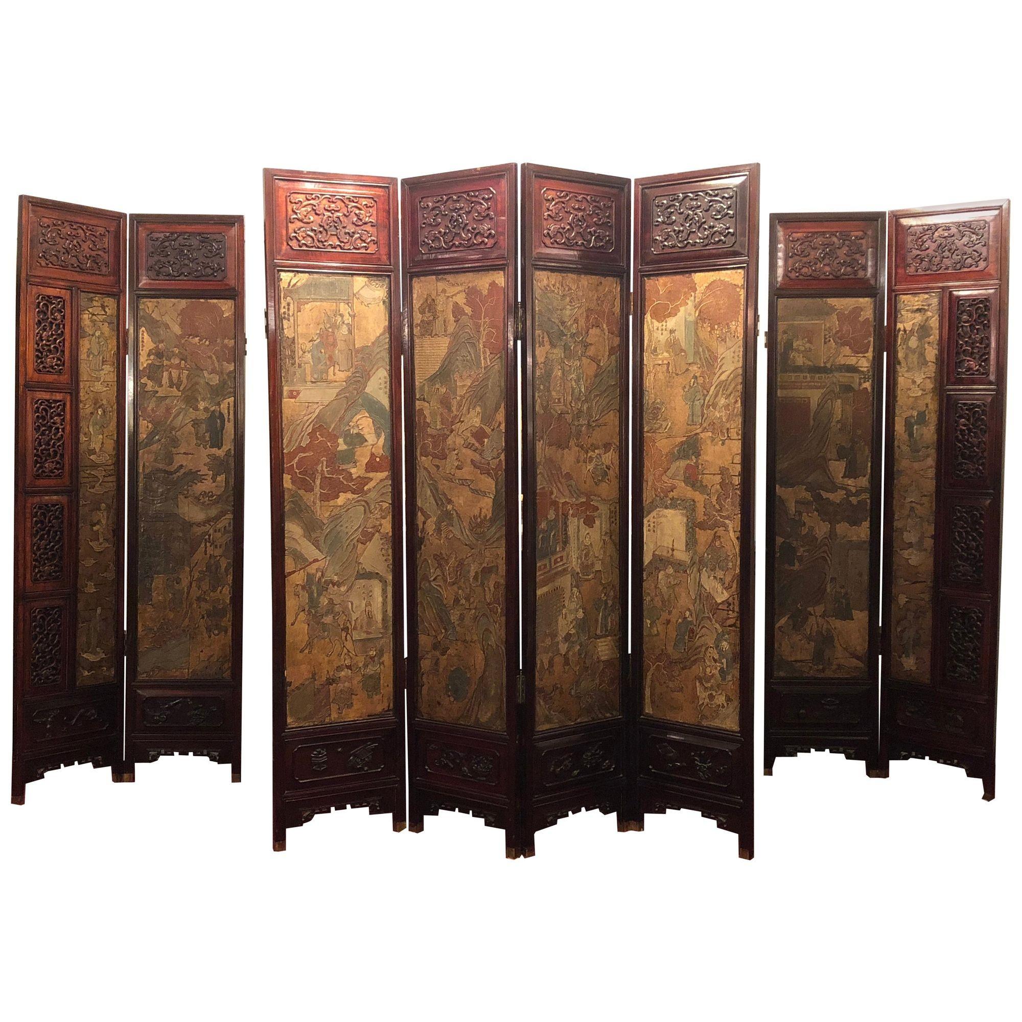 Chinese Coromandel Screen, 18th Century, Rosewood, 8 Panel, Painted, Figural, Depicting Flying Geese

One of a kind. Chinese Coromandel screen from the late 1700s with a fabulous rosewood carved frame from the mid to late 1800s. The subject matter
