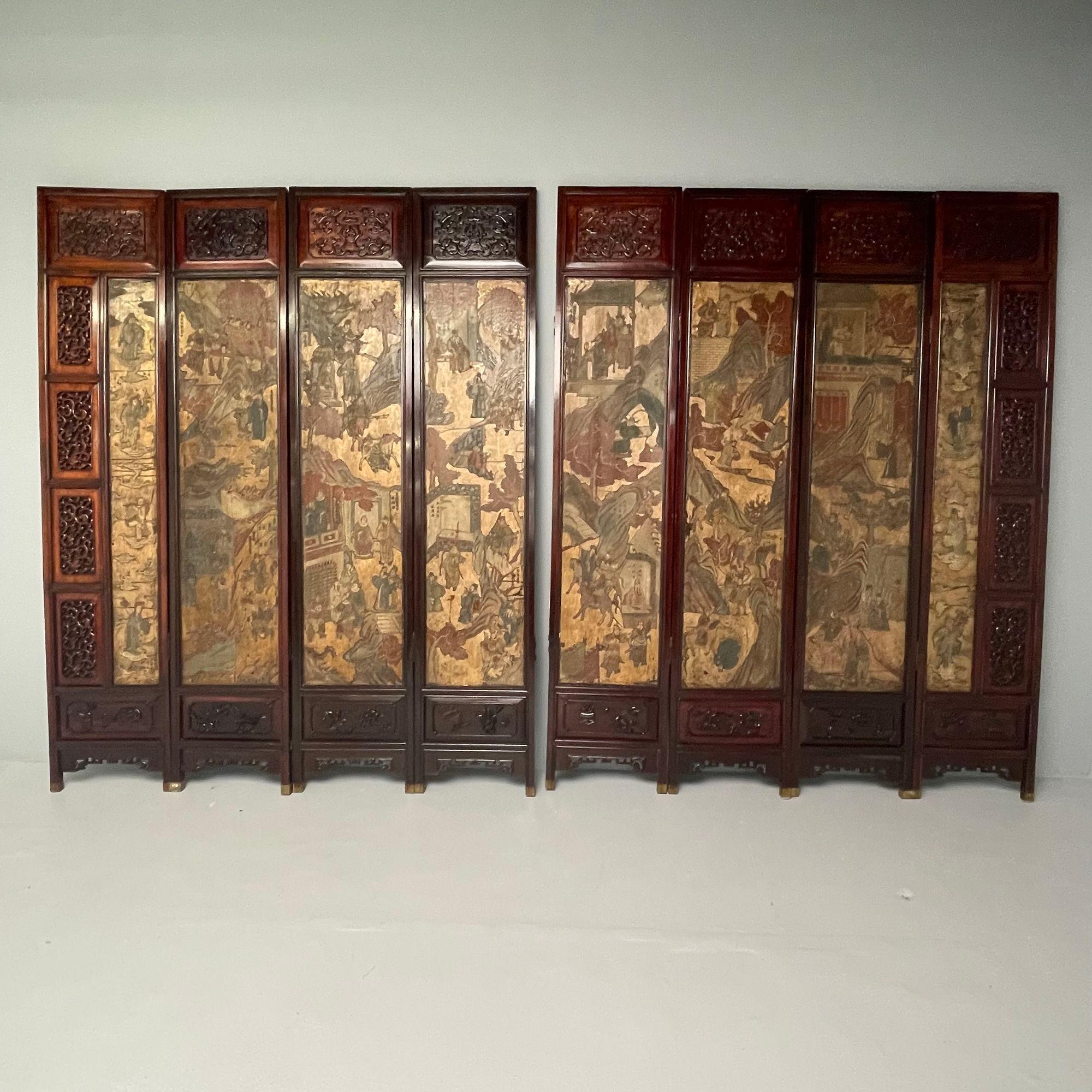 Chinoiseries Paravent chinois Coromandel à huit panneaux, circa 1700-1800, avec cadre sculpté en vente