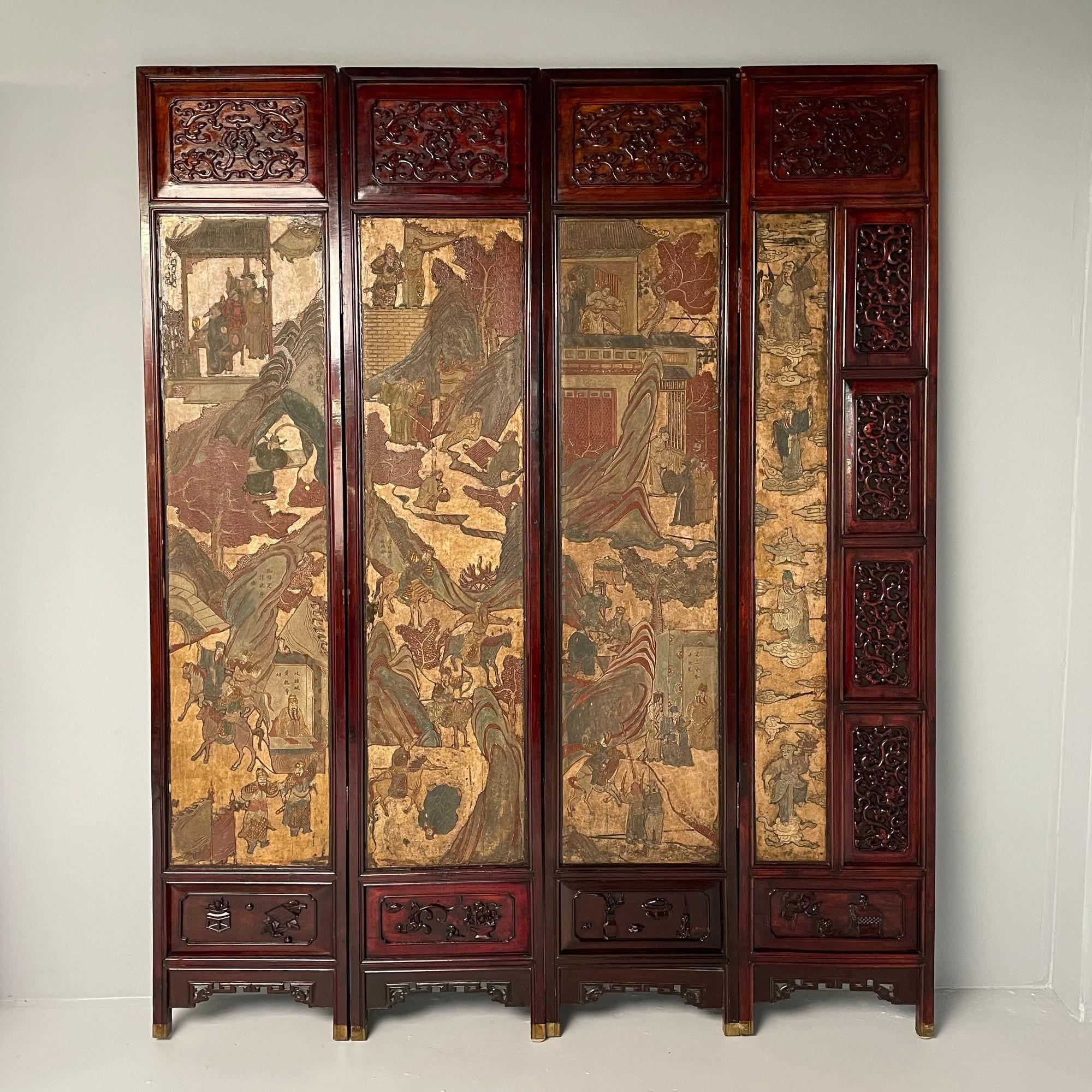 Ungewöhnlicher achtteiliger chinesischer Koromandel-Bildschirm um 1700-1800 mit geschnitztem Rahmen (19. Jahrhundert) im Angebot
