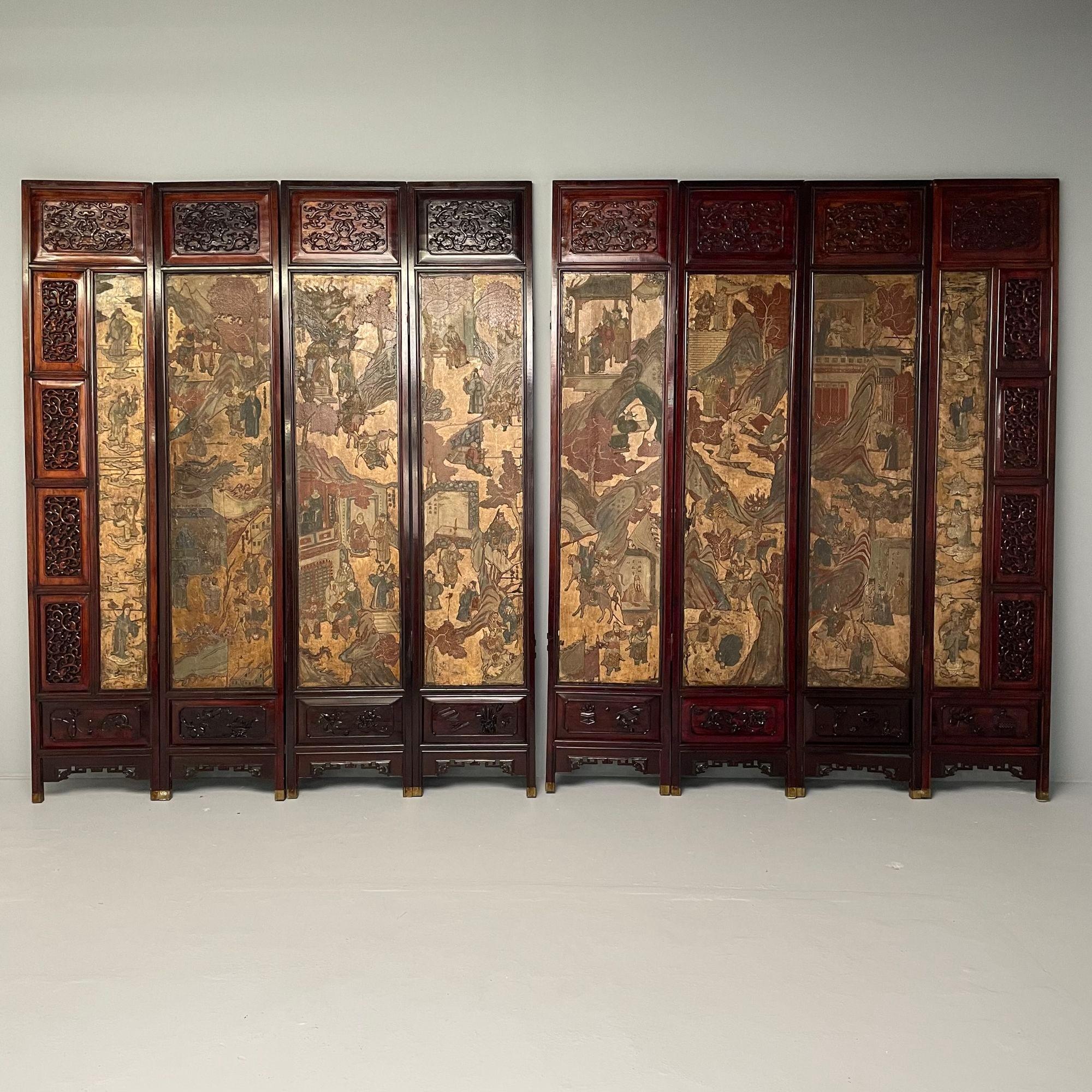 Rosewood Unusual Eight Panel Chinese Coromandel Screen circa 1700-1800 with Carved Frame For Sale
