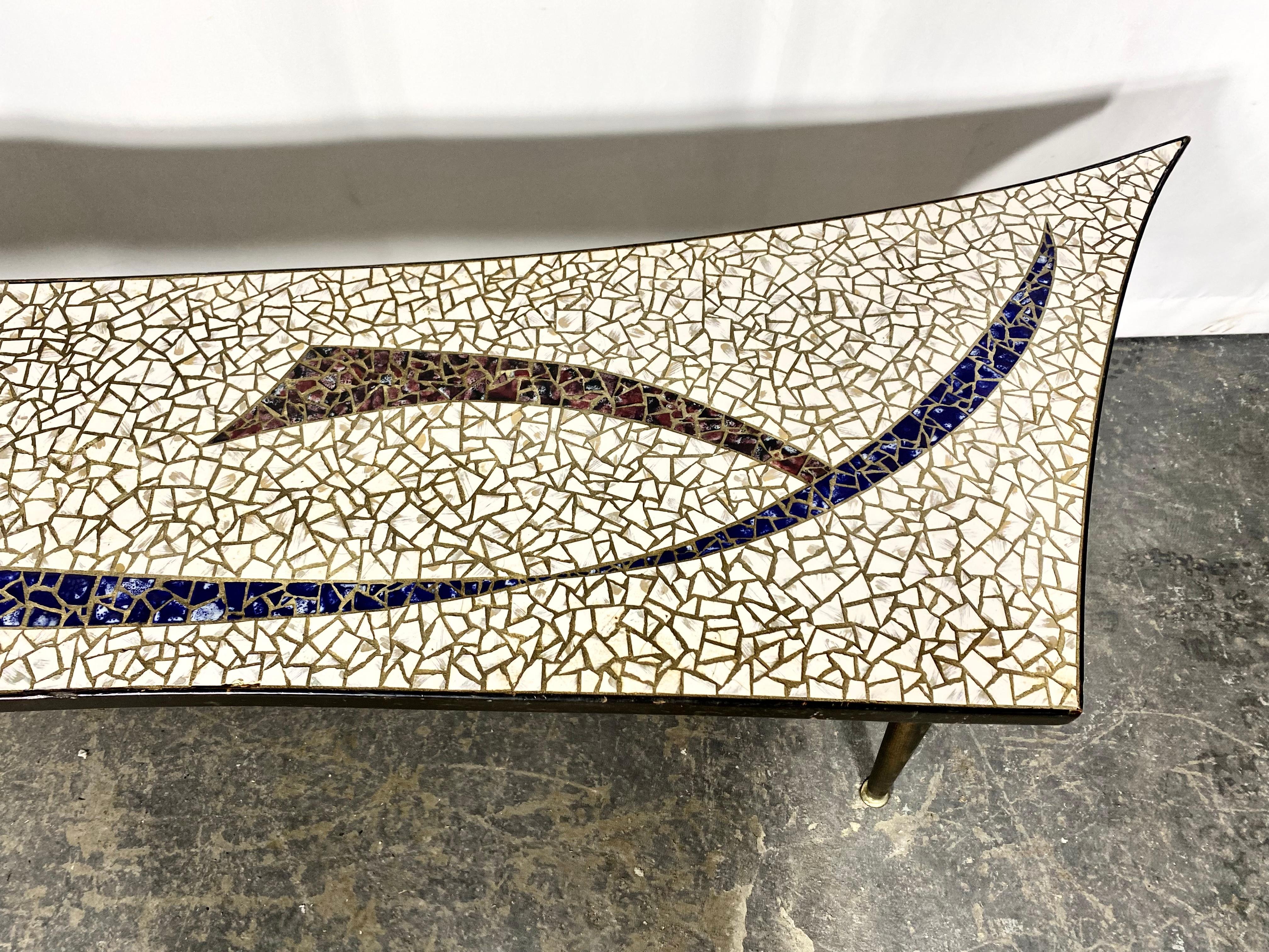 Unusual Elongated Shape Mid Century Ceramic Tile Cocktail / Coffee Table  In Good Condition For Sale In Buffalo, NY