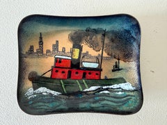 Unusual Enamel On Copper Tugboat Cityscape ca' 1950's