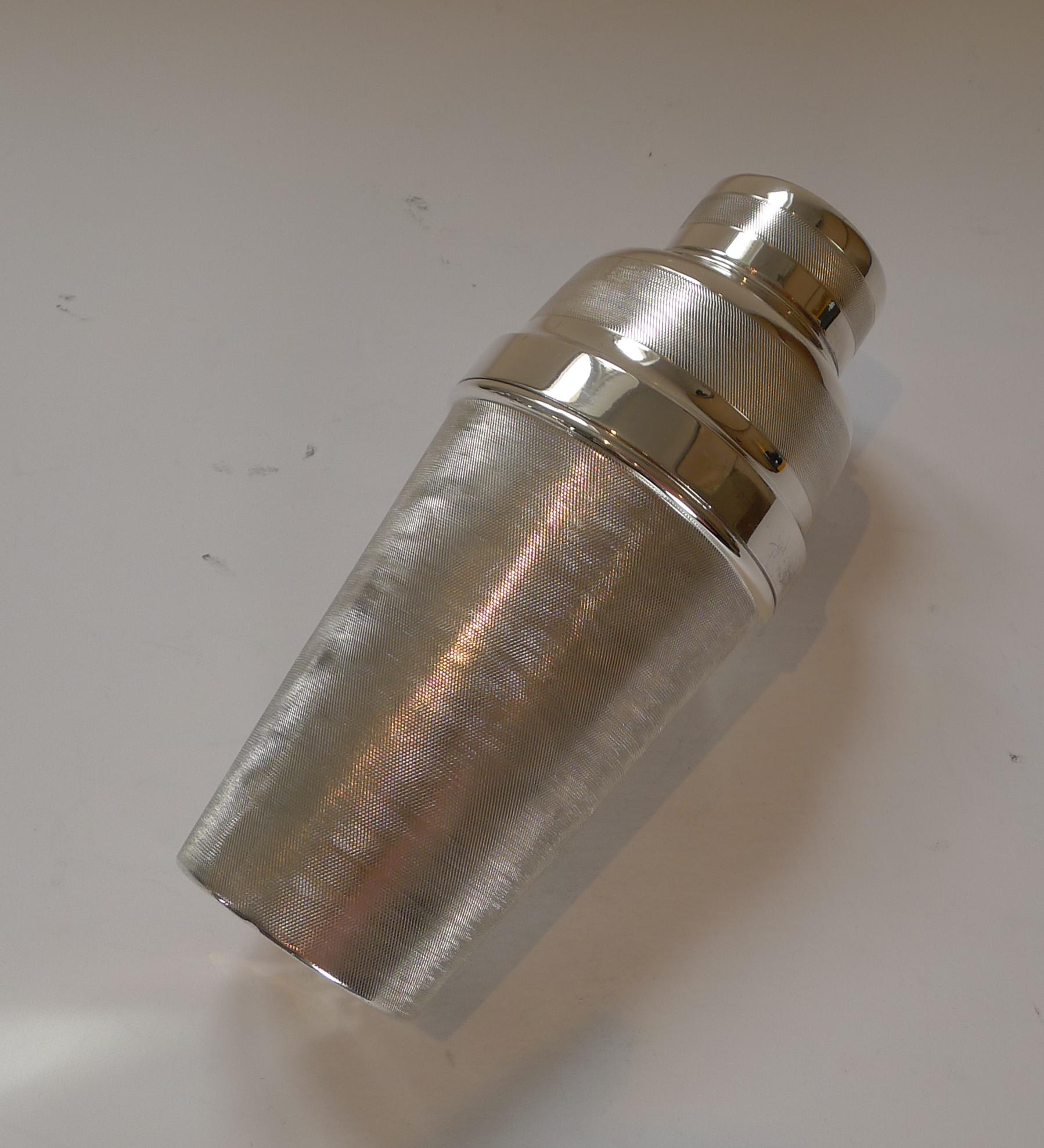 Silver Plate Unusual English Art Deco Engine Turned Cocktail Shaker, c.1930