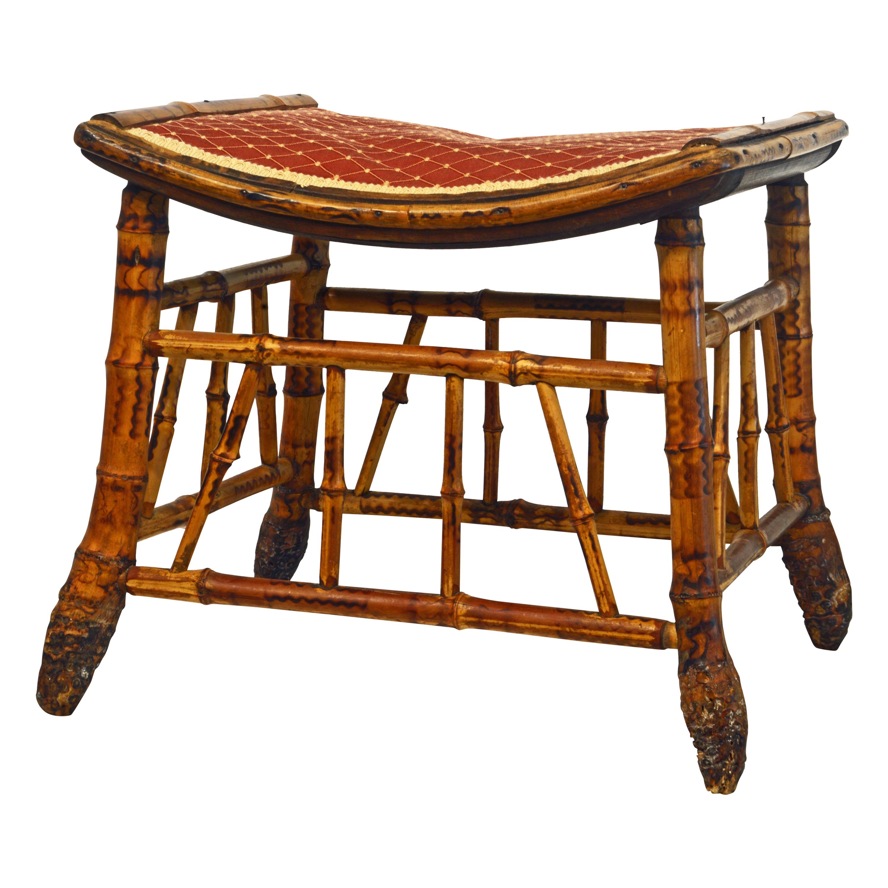 Unusual English Burned Bamboo Stool or Bench with Fabric Cover Late 19th Century