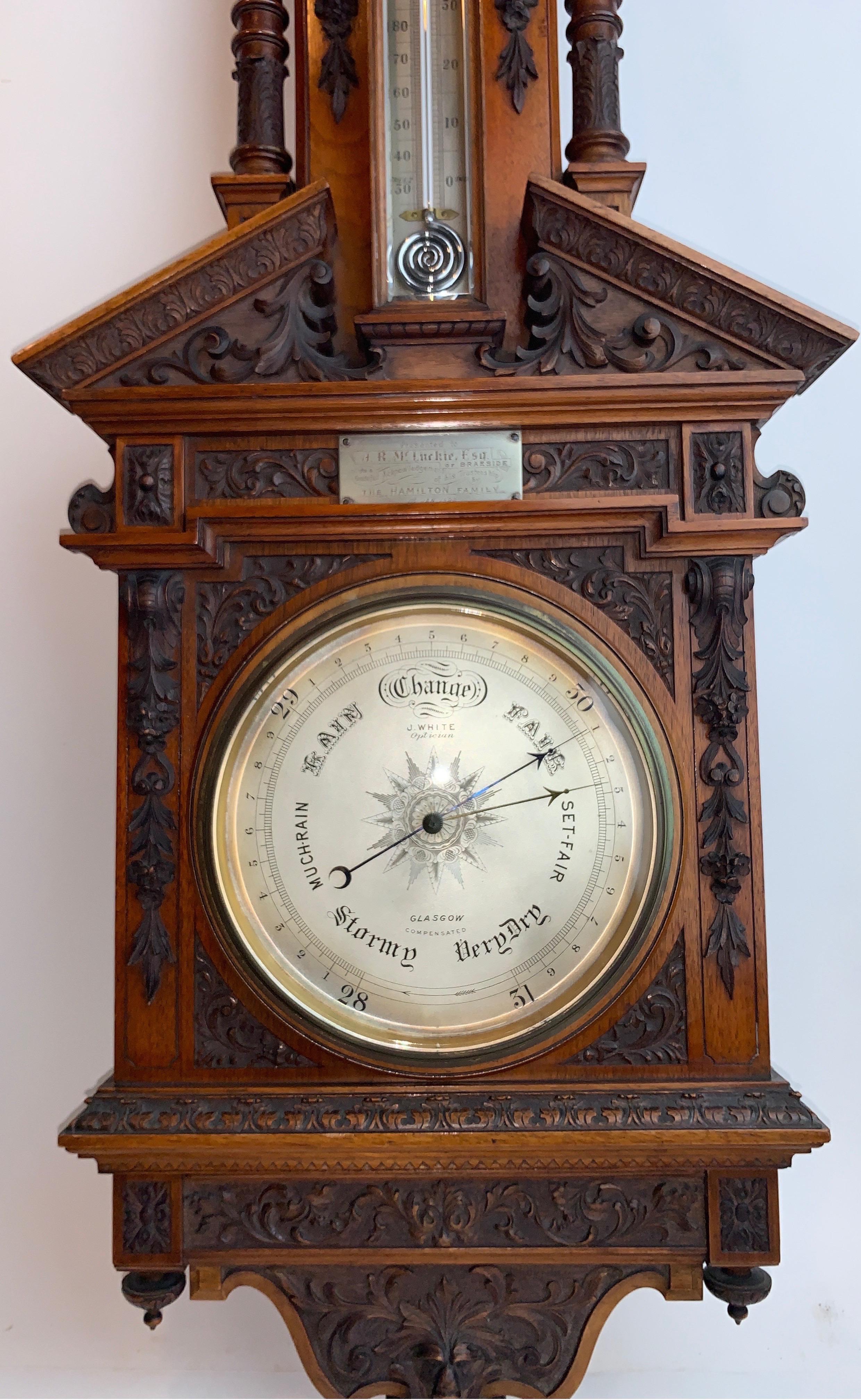 Late 19th Century Unusual English Carved Mahogany Barometer
