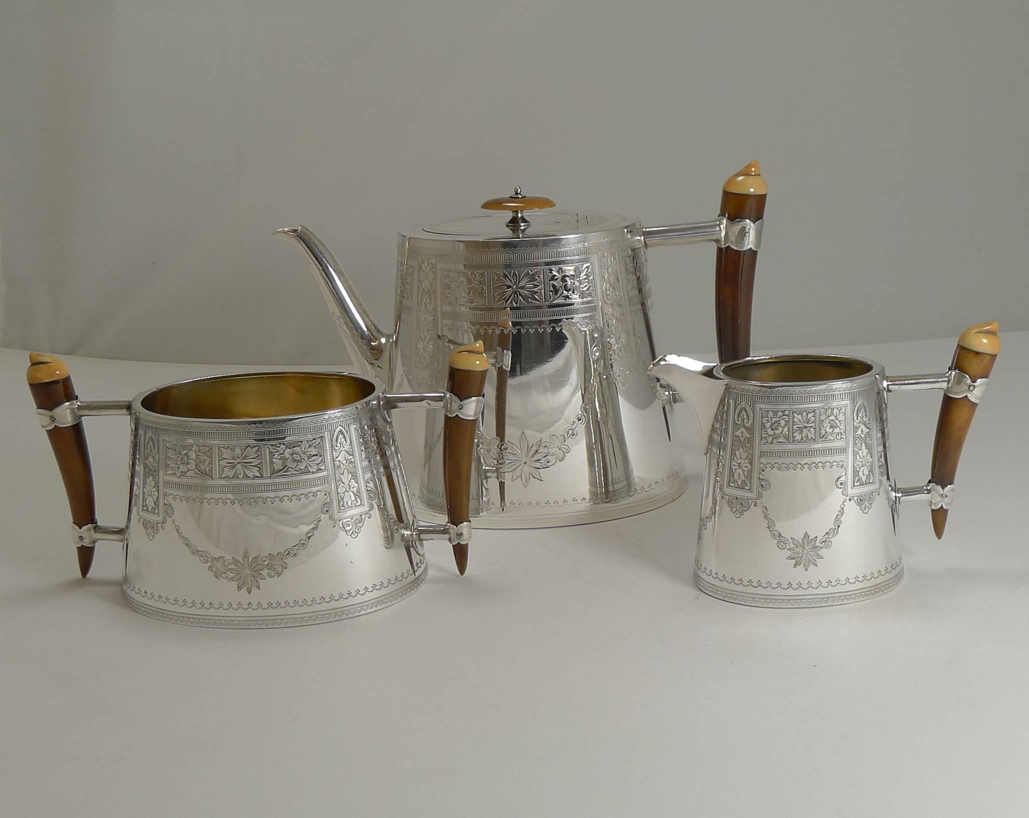 Unusual English Silver Plate and Polished Horn Tea Set, circa 1890 5