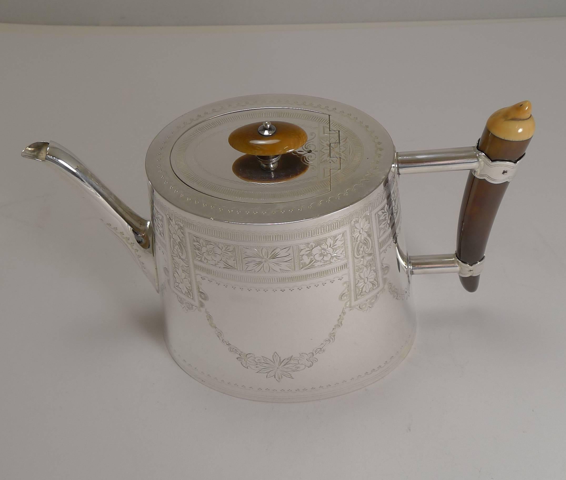 Unusual English Silver Plate and Polished Horn Tea Set, circa 1890 In Excellent Condition In Bath, GB