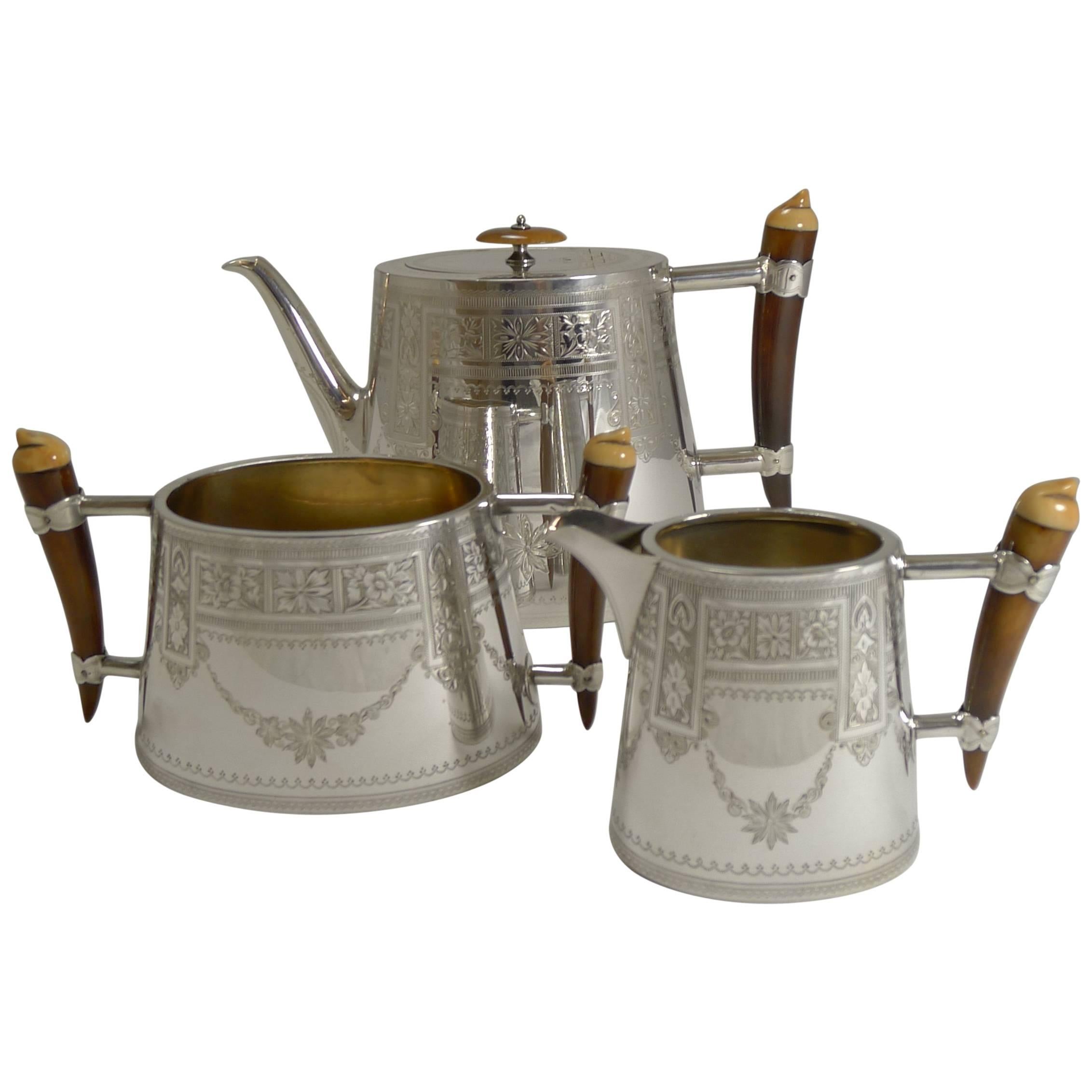 Unusual English Silver Plate and Polished Horn Tea Set, circa 1890