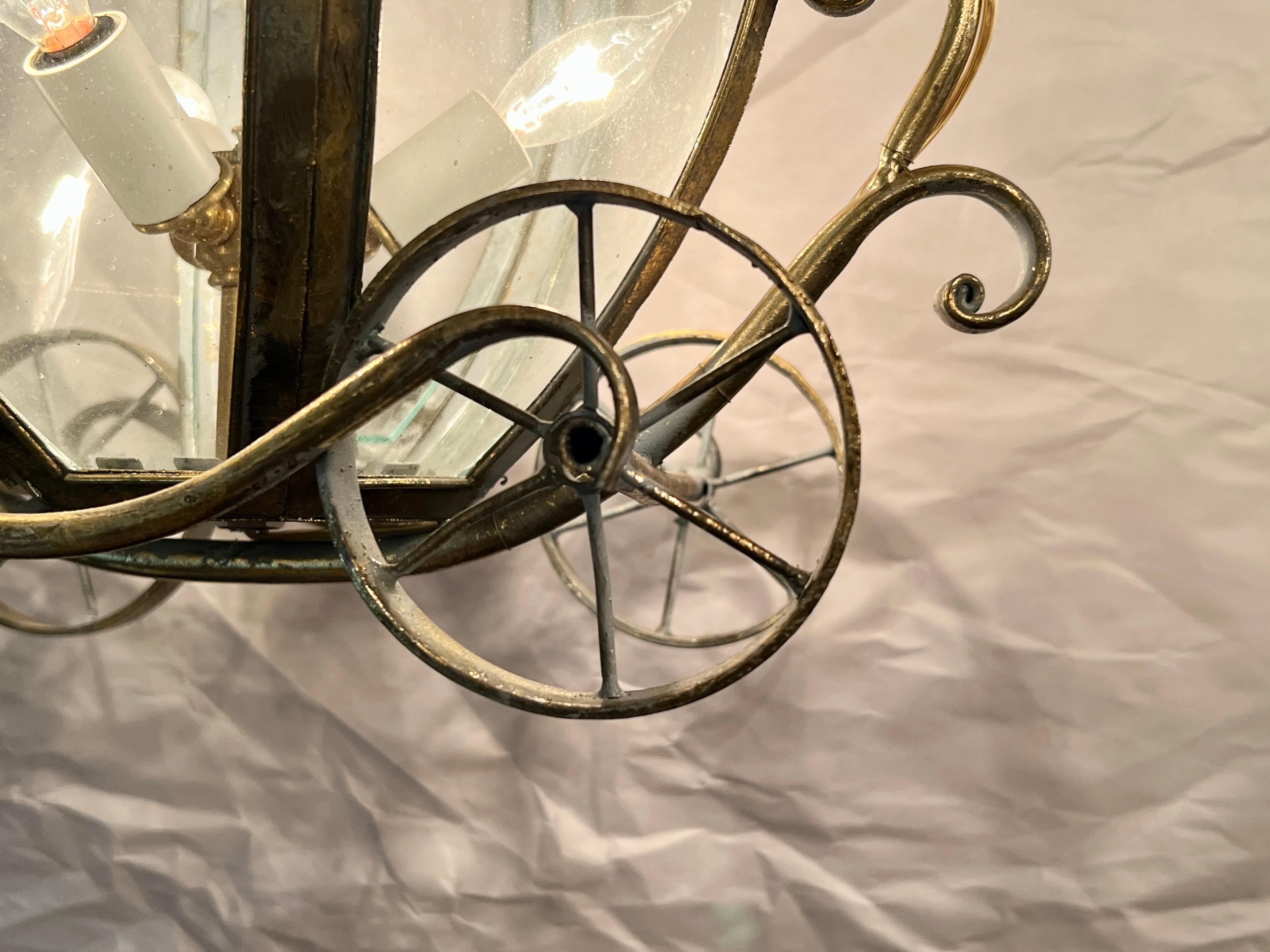 Unusual Estate Glass and Brass Figural “Carriage” 3-Light Chandelier. In Good Condition For Sale In New Orleans, LA