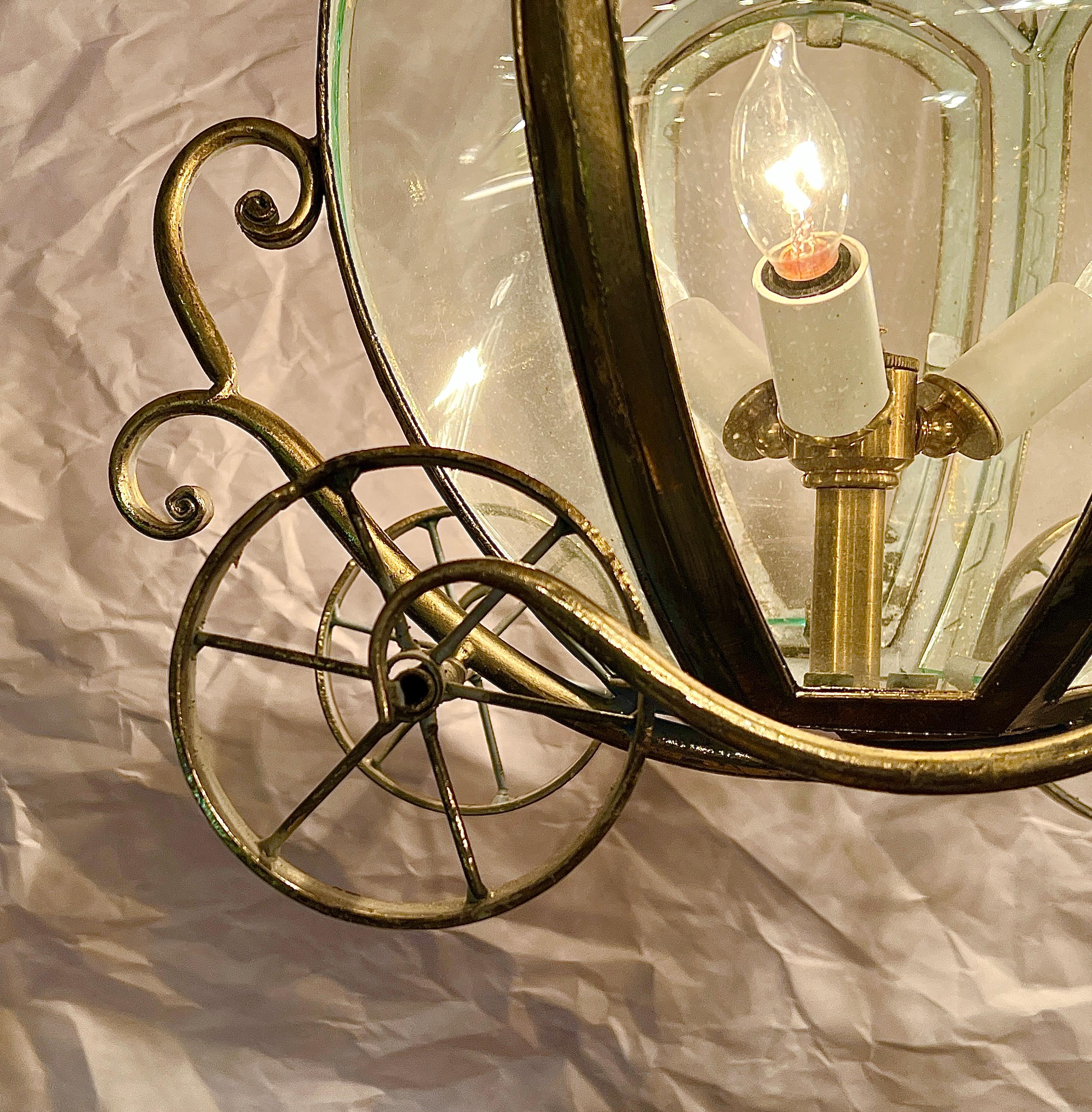 Unusual Estate Glass and Brass Figural “Carriage” 3-Light Chandelier. 1