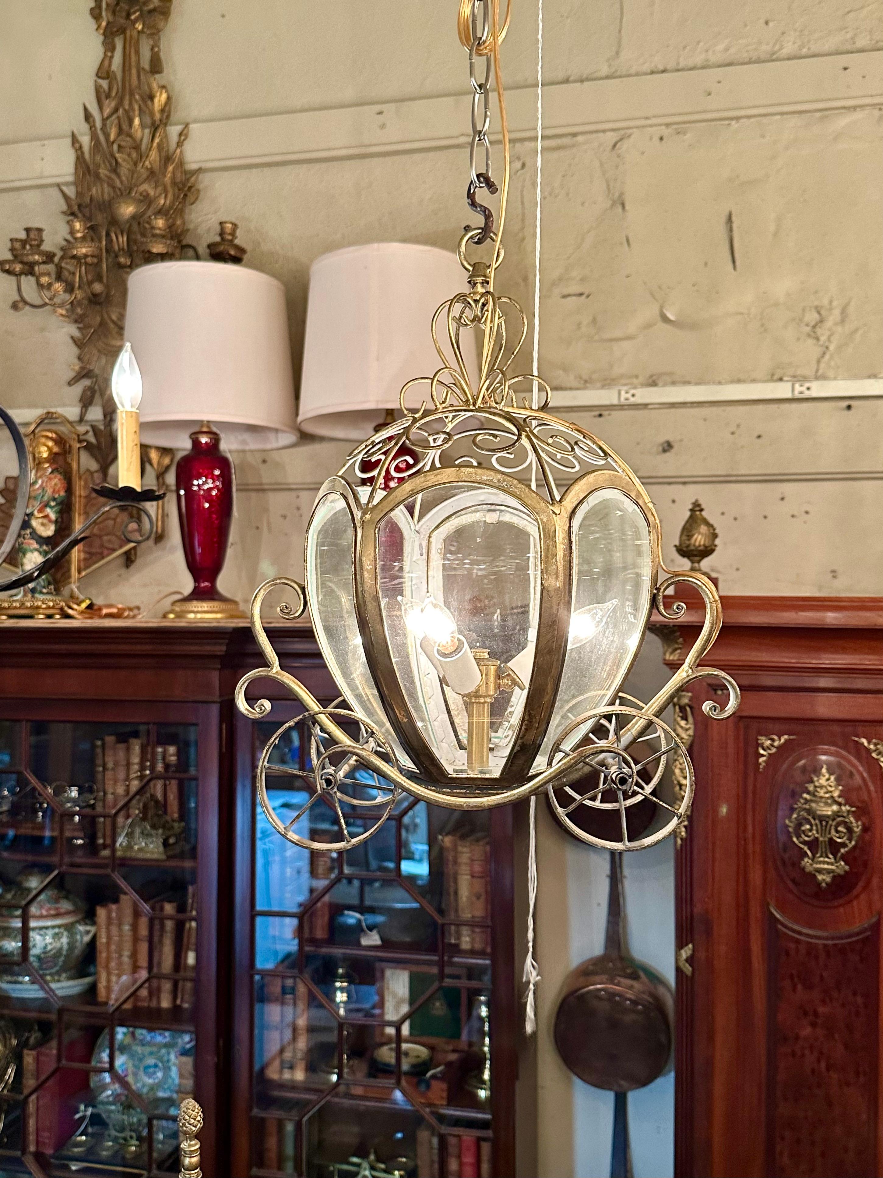 Unusual Estate Glass and Brass Figural “Carriage” 3-Light Chandelier. For Sale 3