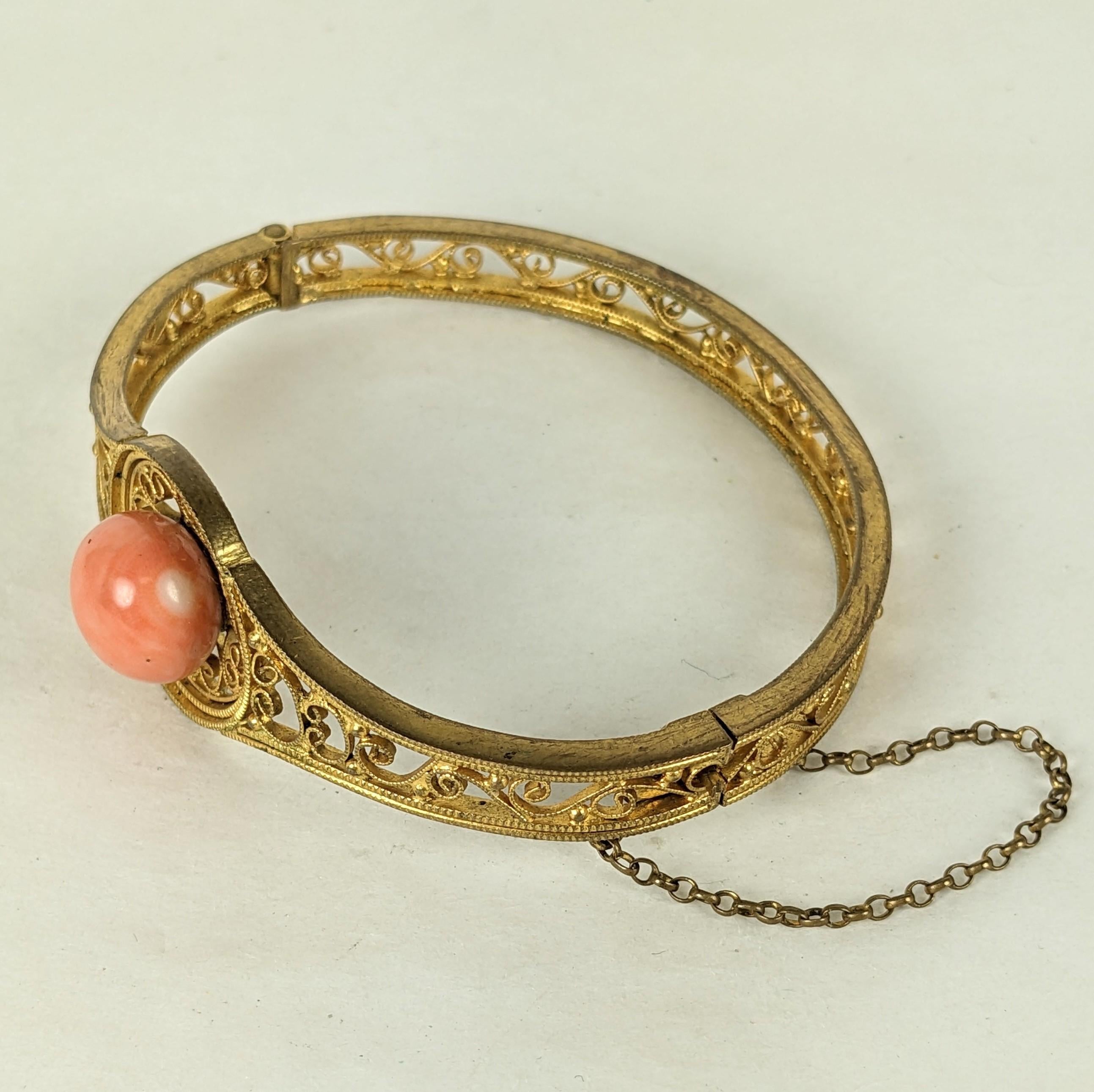 High Victorian Unusual Etruscan Scrollwork Coral Bangle For Sale