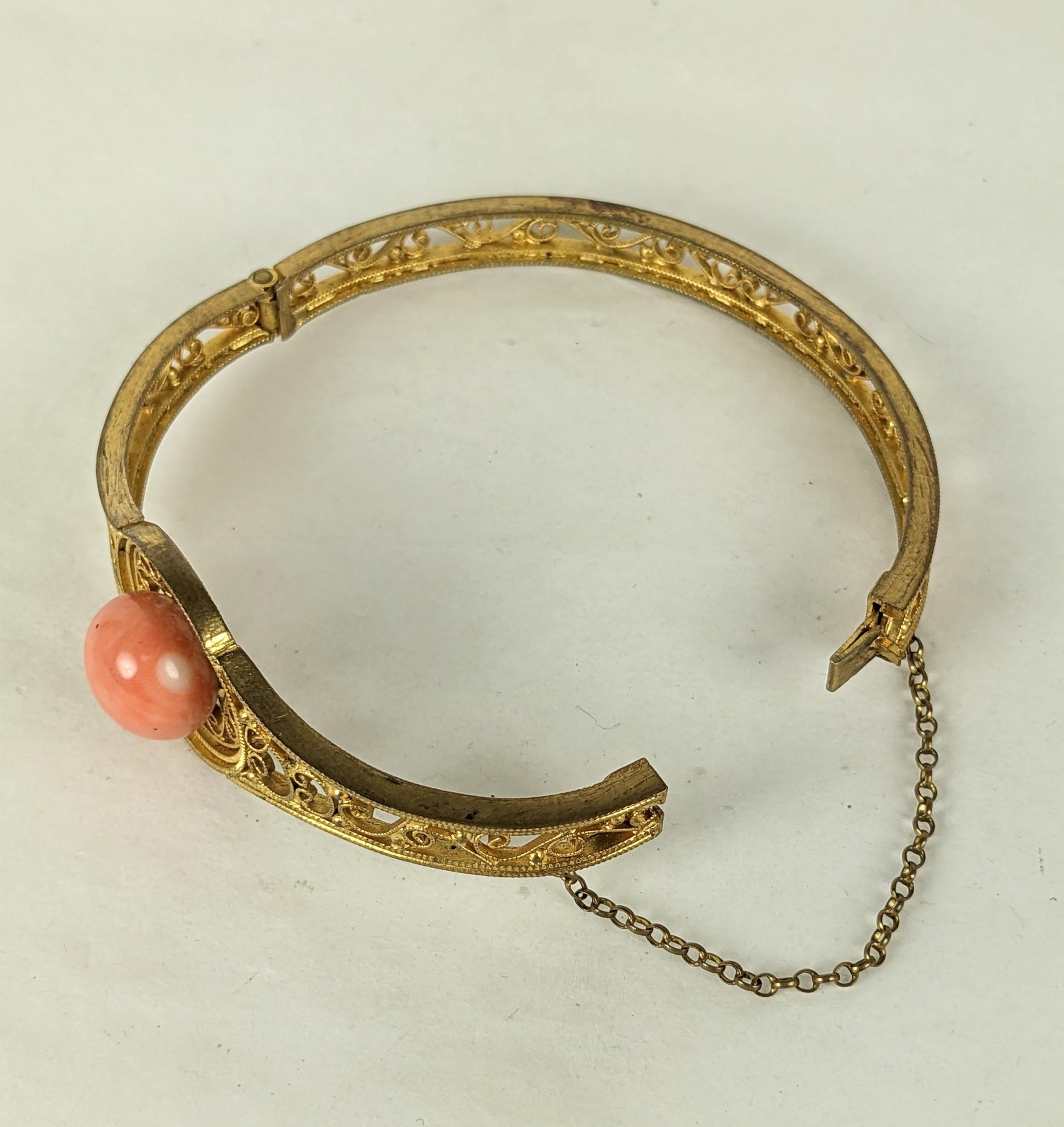 Cabochon Unusual Etruscan Scrollwork Coral Bangle For Sale