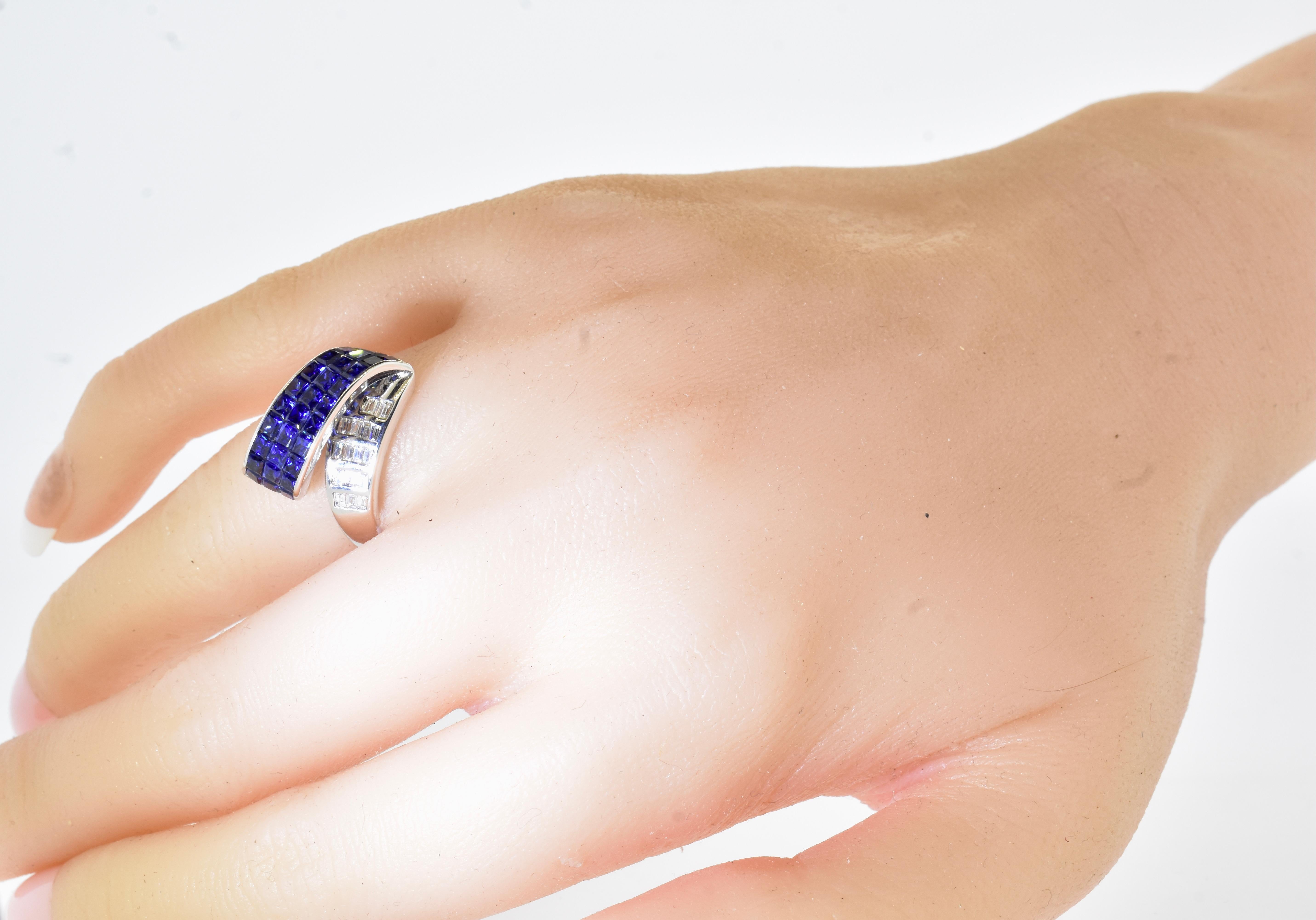 Square Cut Unusual Fine Sapphire and White Diamond and 18K White Gold Ring