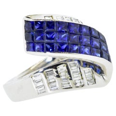 Bague inhabituelle en or blanc 18 carats, saphir fin et diamant blanc