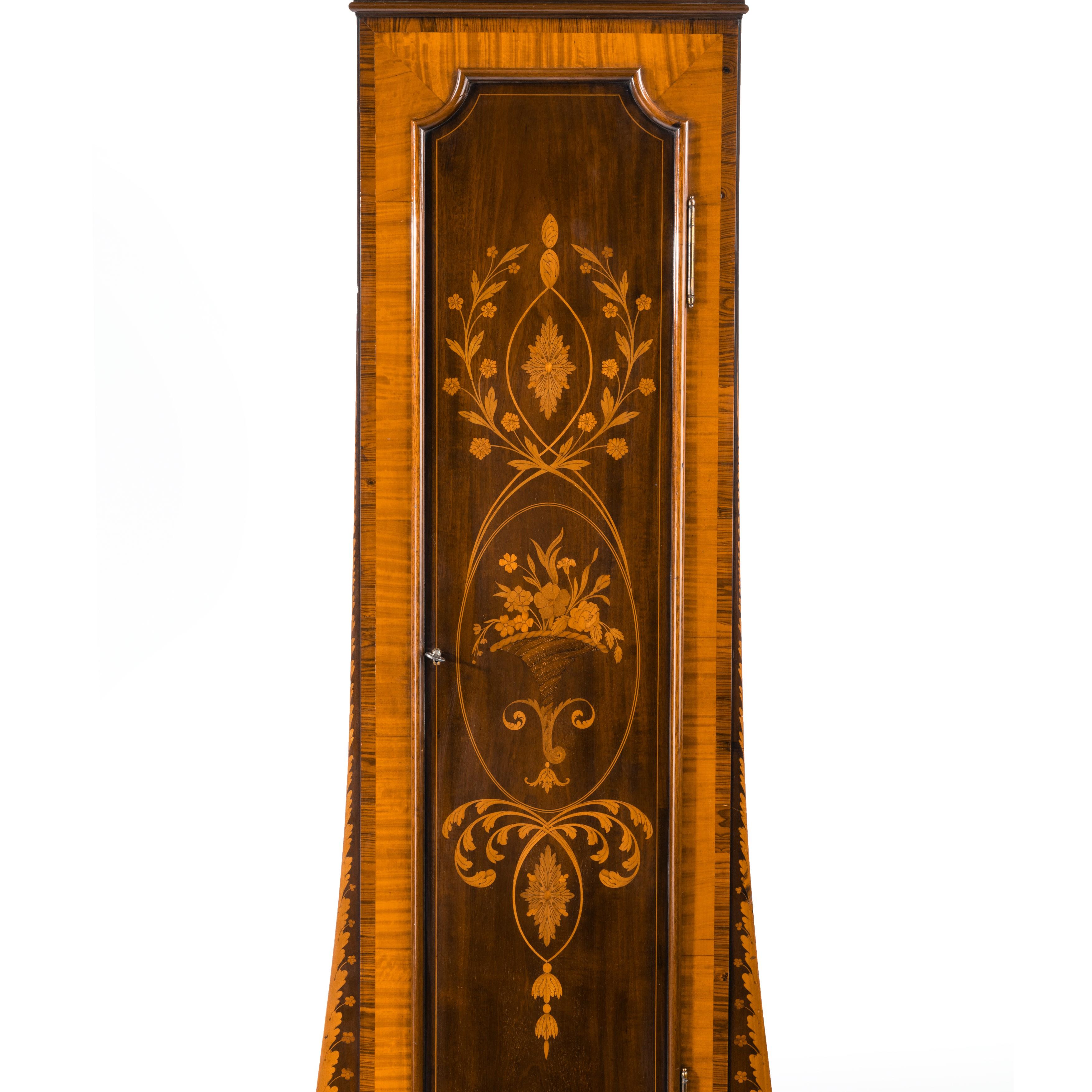 English Unusual Flame Mahogany Long-Case Clock Attributed to Maples For Sale