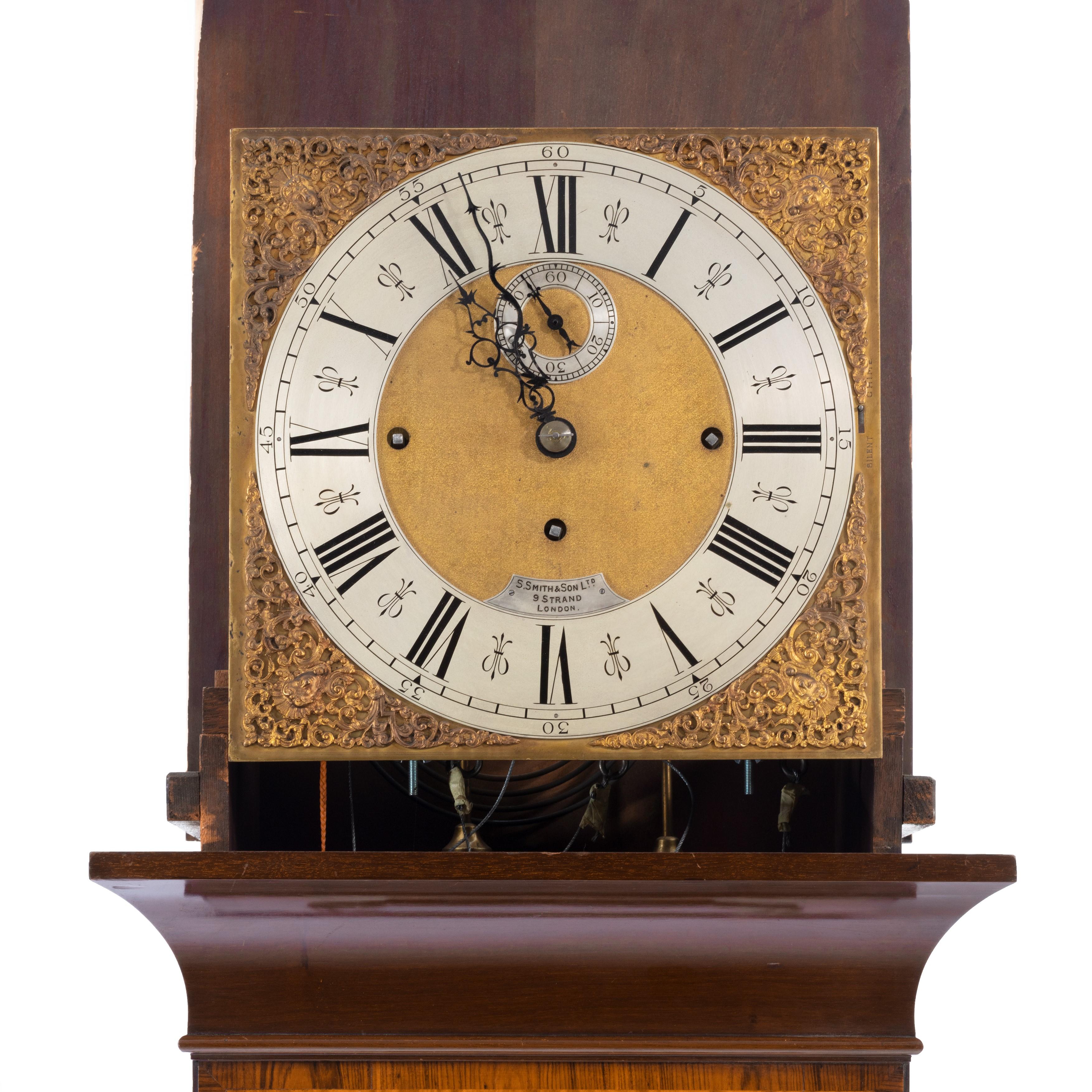 Unusual Flame Mahogany Long-Case Clock Attributed to Maples In Good Condition For Sale In Lymington, Hampshire