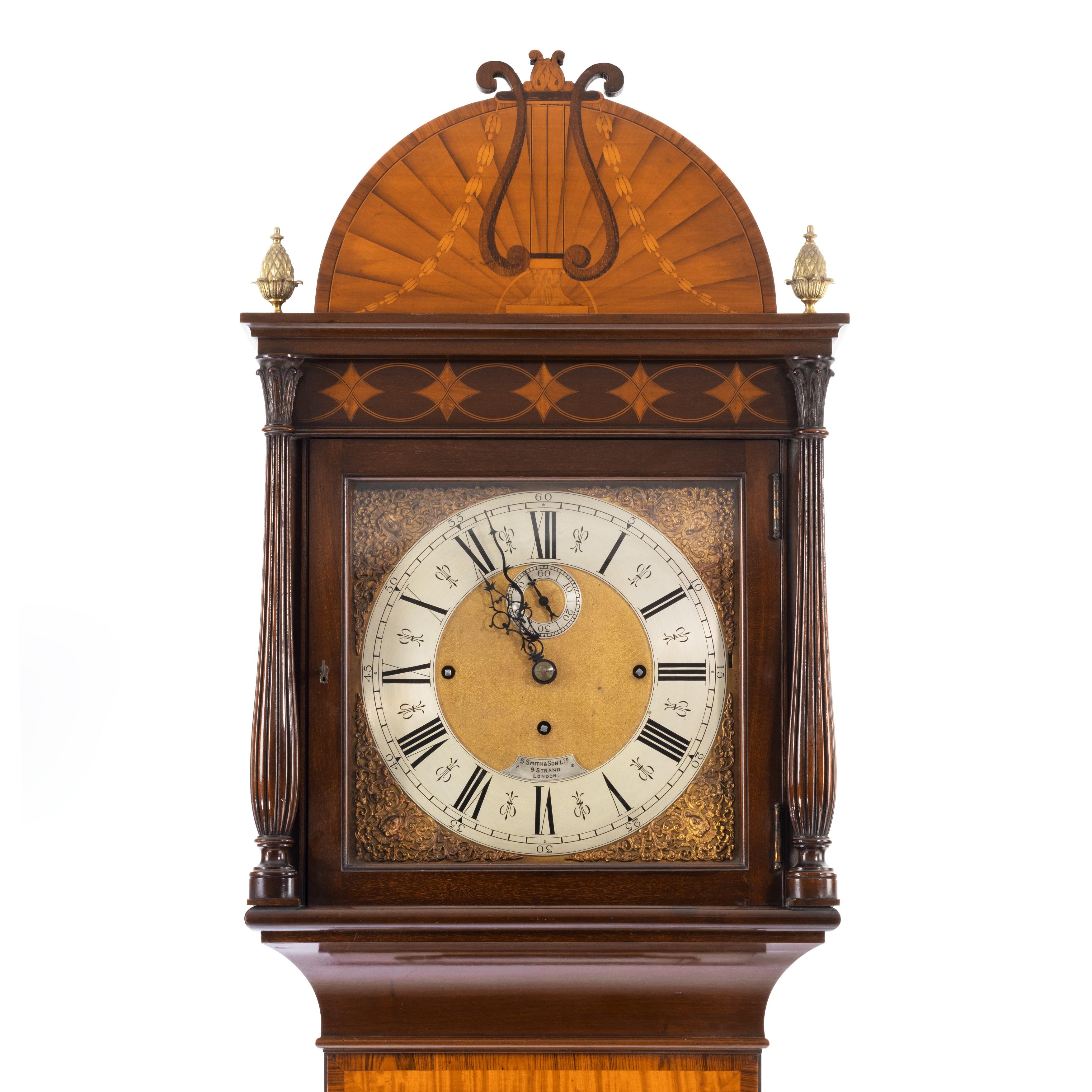 Unusual Flame Mahogany Long-Case Clock Attributed to Maples For Sale 1