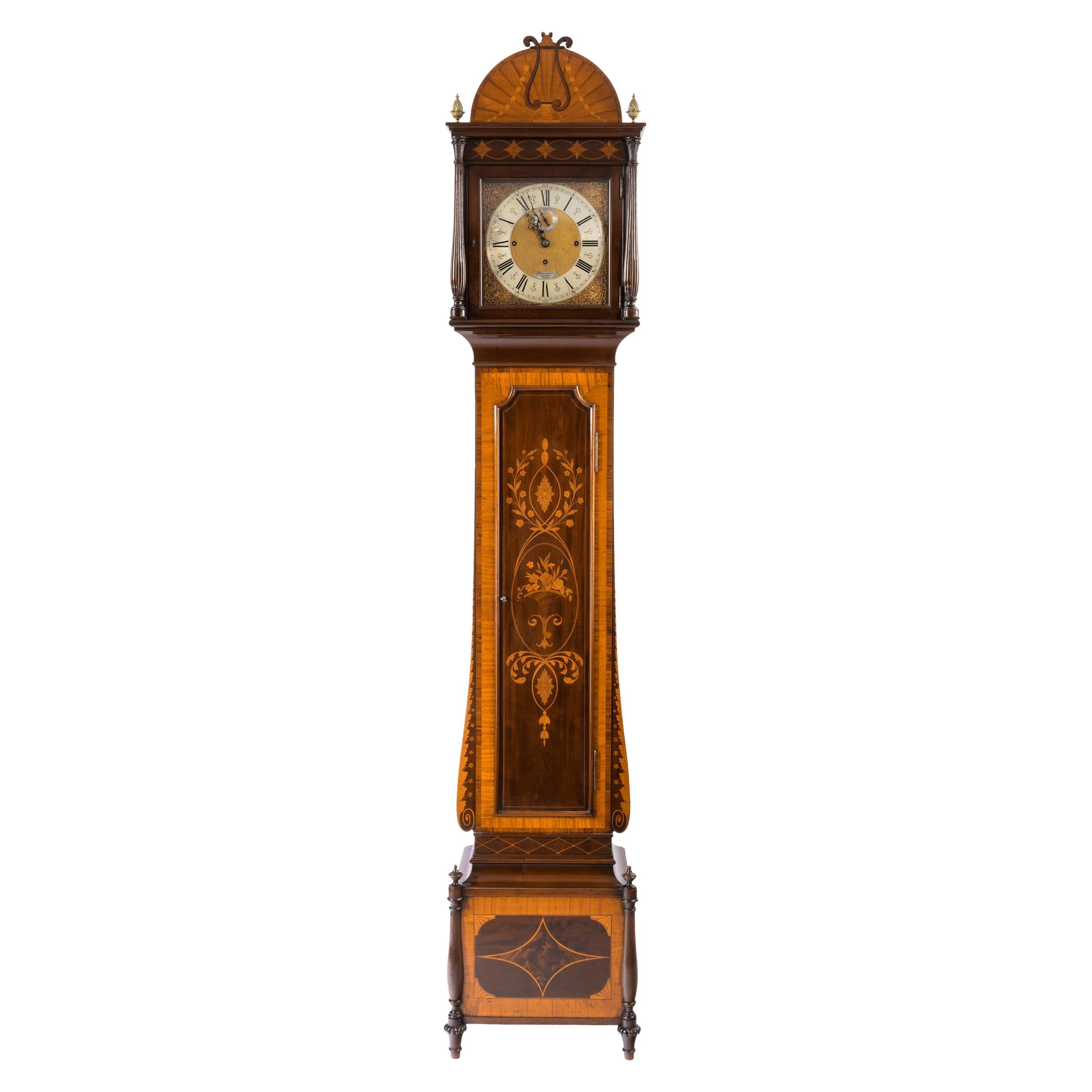 Unusual Flame Mahogany Long-Case Clock Attributed to Maples For Sale