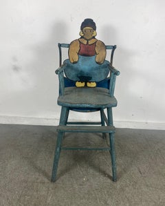 Unusual Folk aRT "CARTOON" hand painted child's high chair /tray