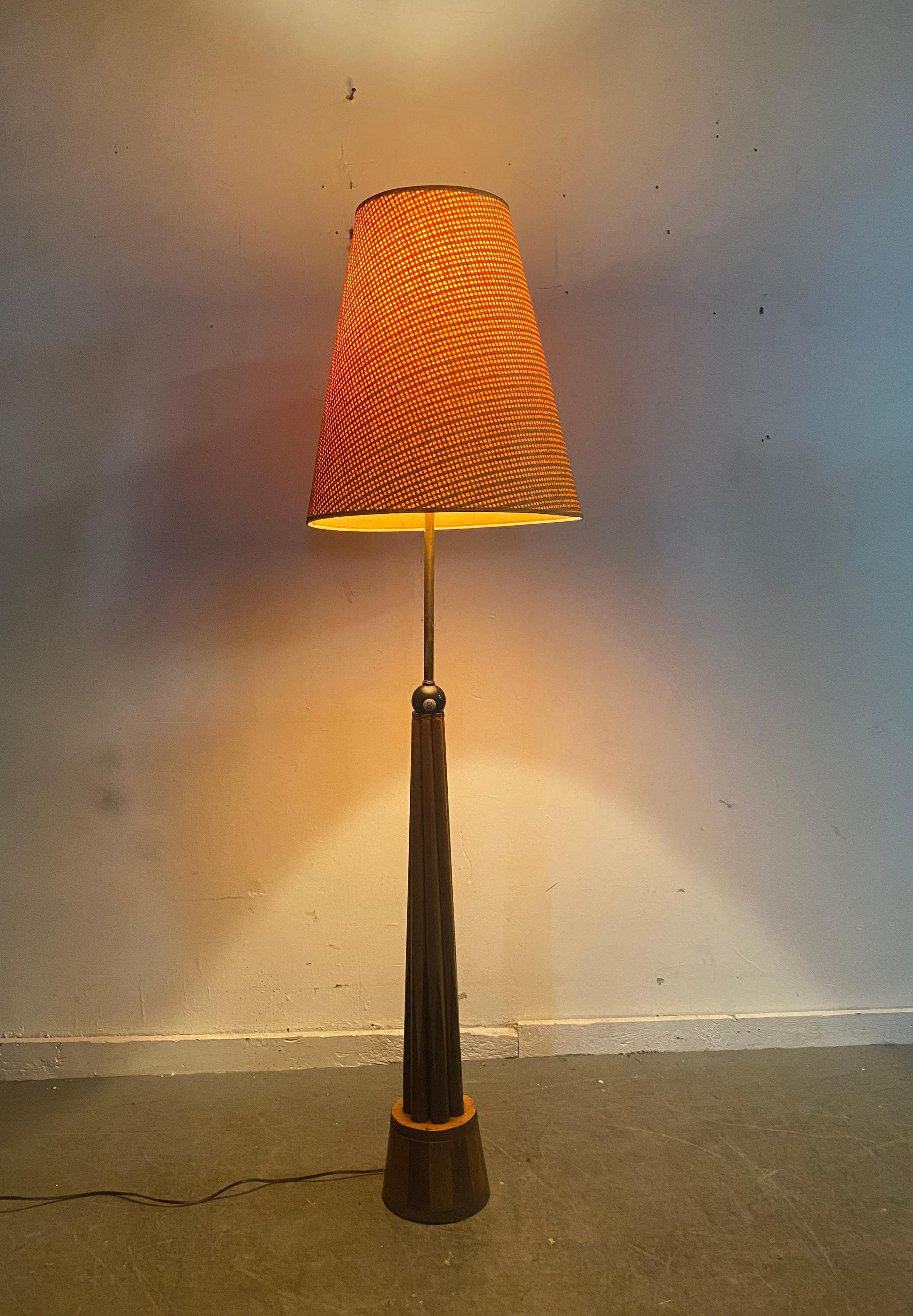 Unusual Folk Art, Bespoke Billiard Themed floor lamp.. 8-ball. Modernist, que sticks, Hand crafted, Shade measuring 16