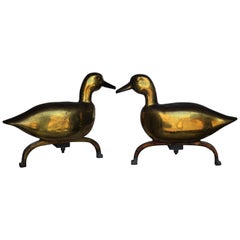  Antique Brass Duck Andirons Unusual Form