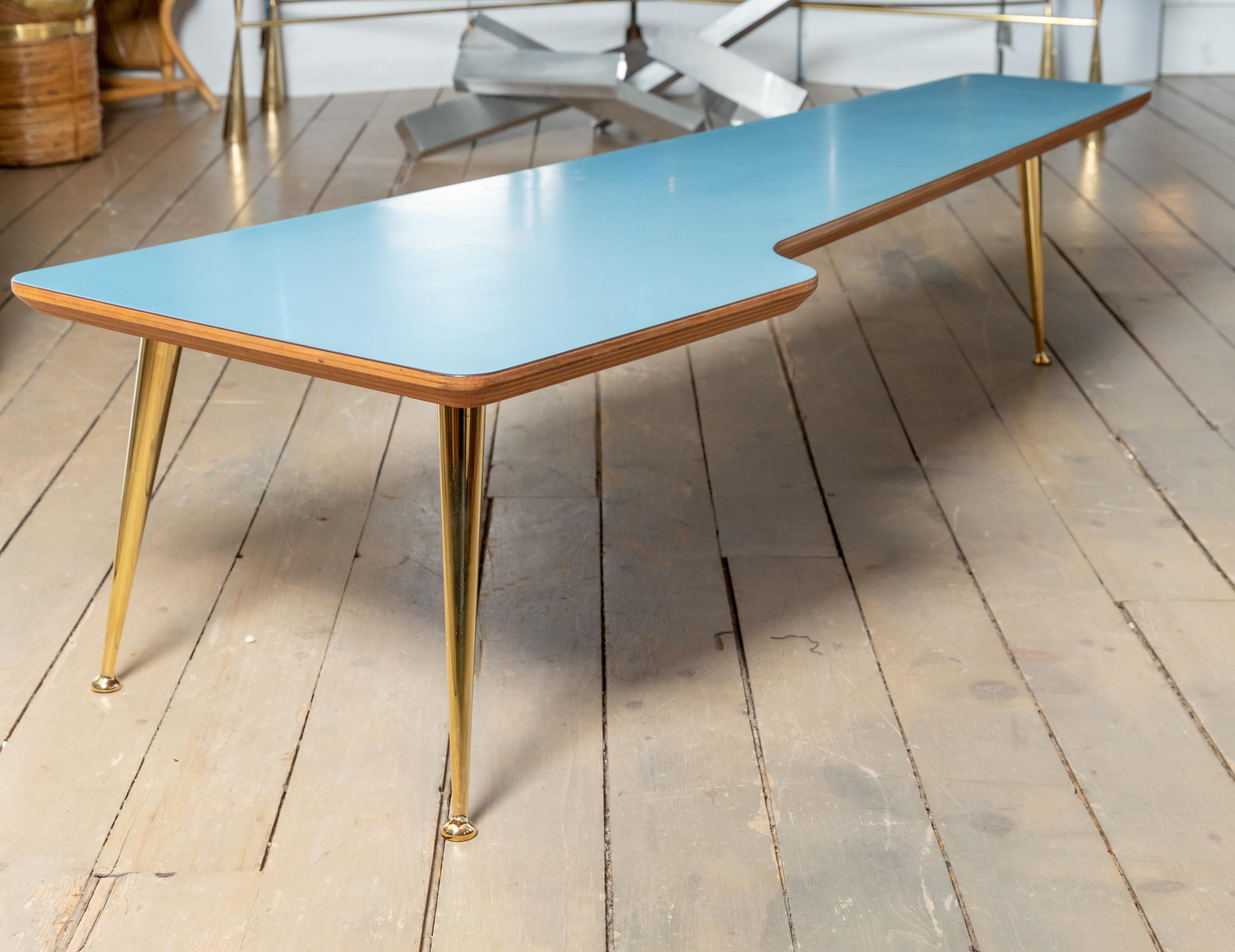Mid-Century Modern Pair of Three Brass Leg Blue Laminate Top Coffee Tables Gio Ponti Style