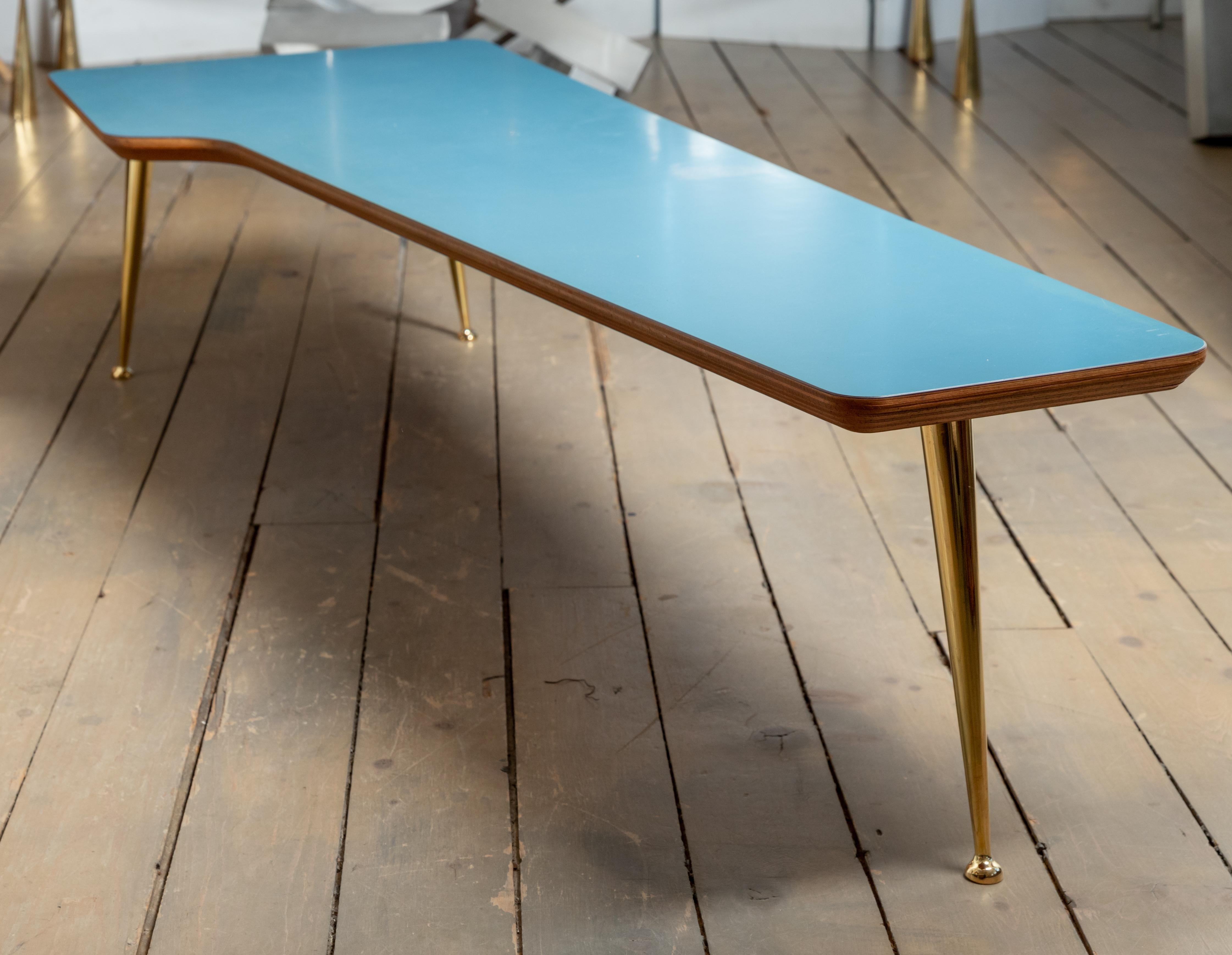 20th Century Pair of Three Brass Leg Blue Laminate Top Coffee Tables Gio Ponti Style