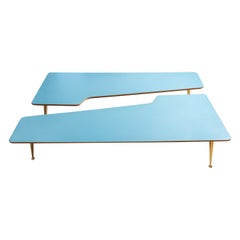 Pair of Three Brass Leg Blue Laminate Top Coffee Tables Gio Ponti Style