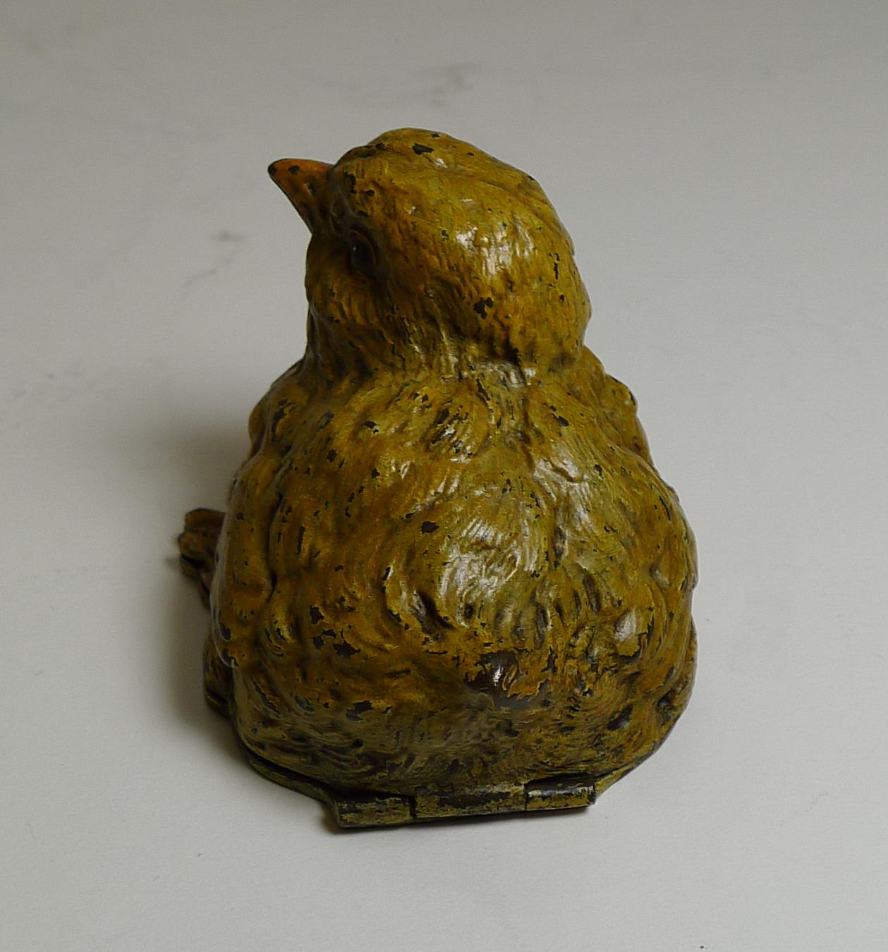 Late Victorian Unusual Franz Bergman Cold Painted Bronze Postage Stamp Box, Chick, circa 1900