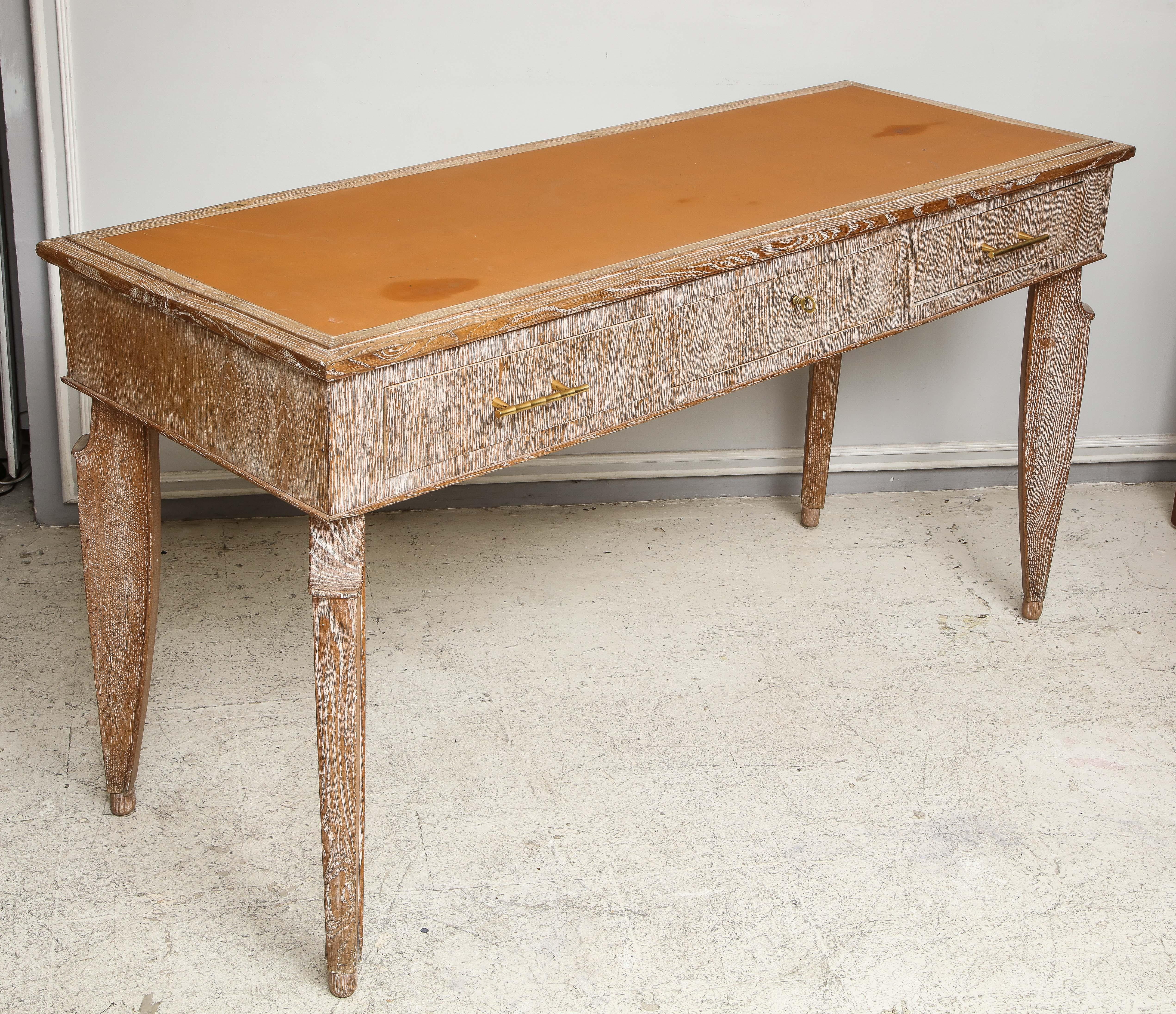 Unusual French 1940s Cerused Oak Leather-Top Console/Writing Desk 2