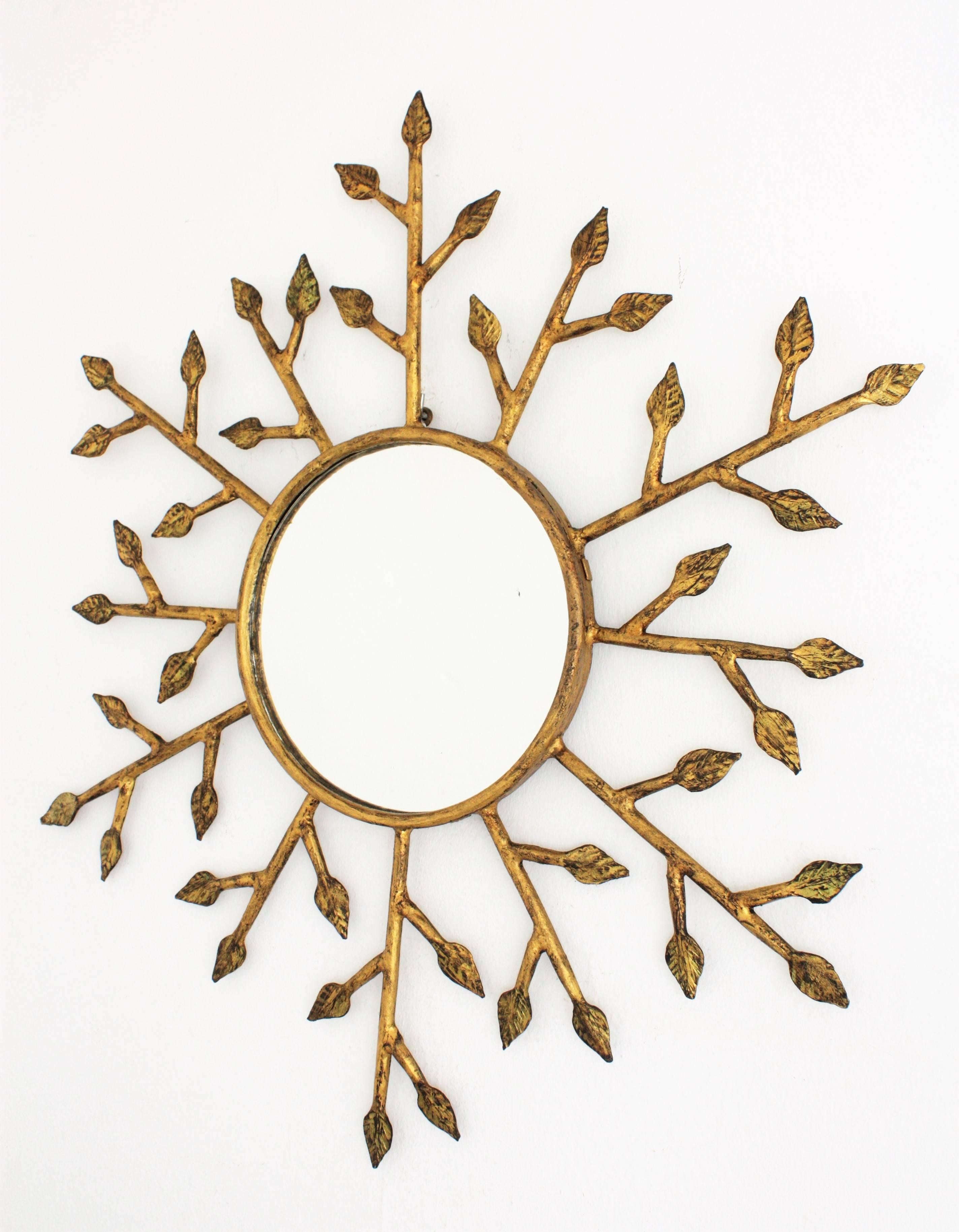 Mid-Century Modern Unusual French 1950s Hand-Hammered Gilt Iron Leafed Wall Sunburst Mirror