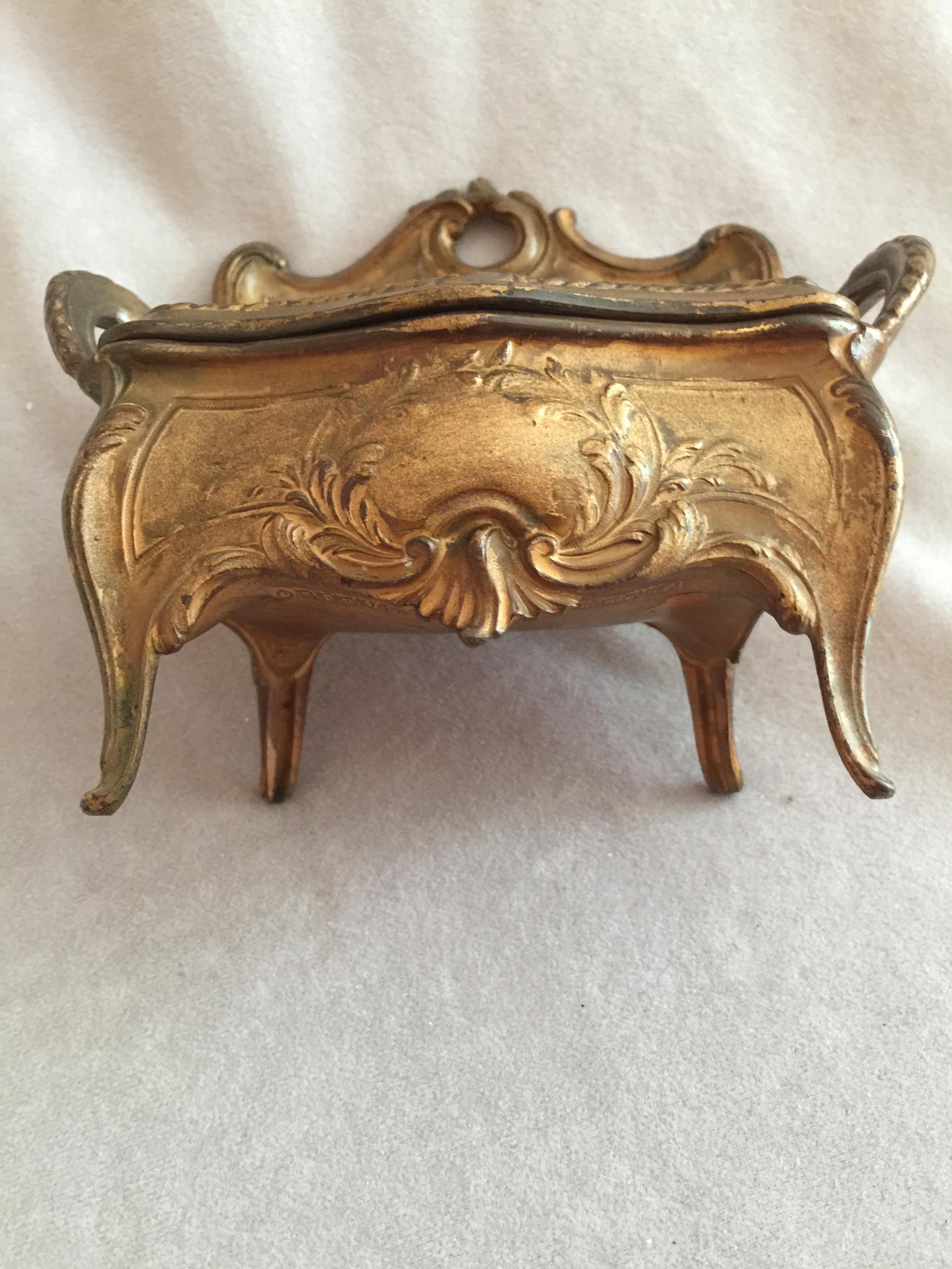 Rococo Revival Unusual French Antique Mini Jewelry Box in the Form of a Loveseat, Gilt Metal