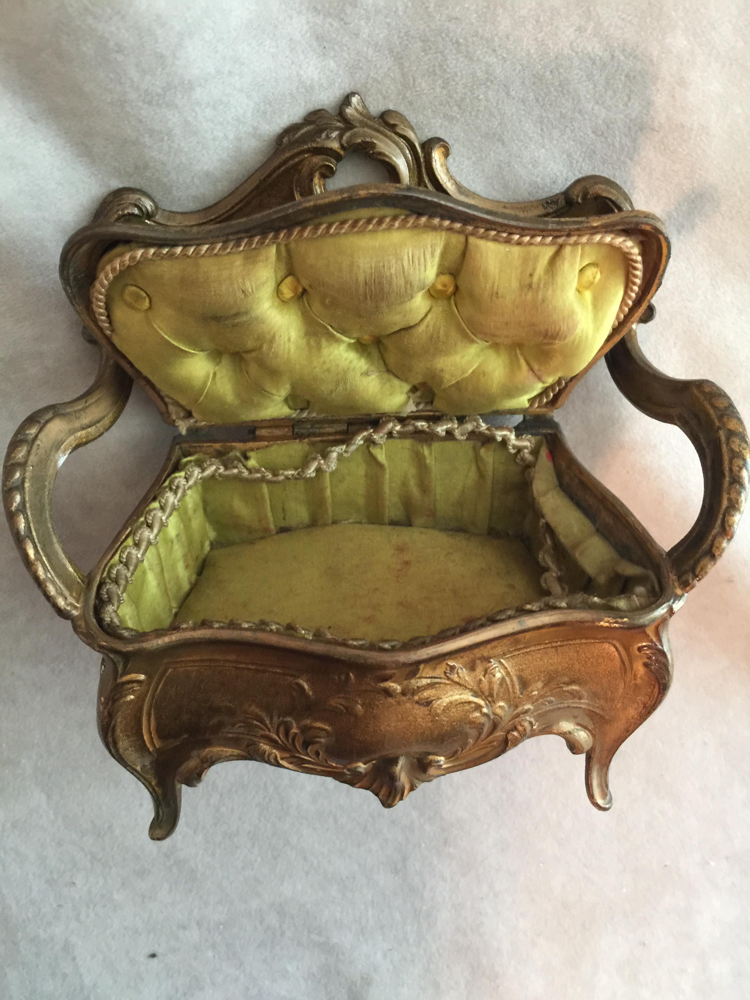 Cast Unusual French Antique Mini Jewelry Box in the Form of a Loveseat, Gilt Metal