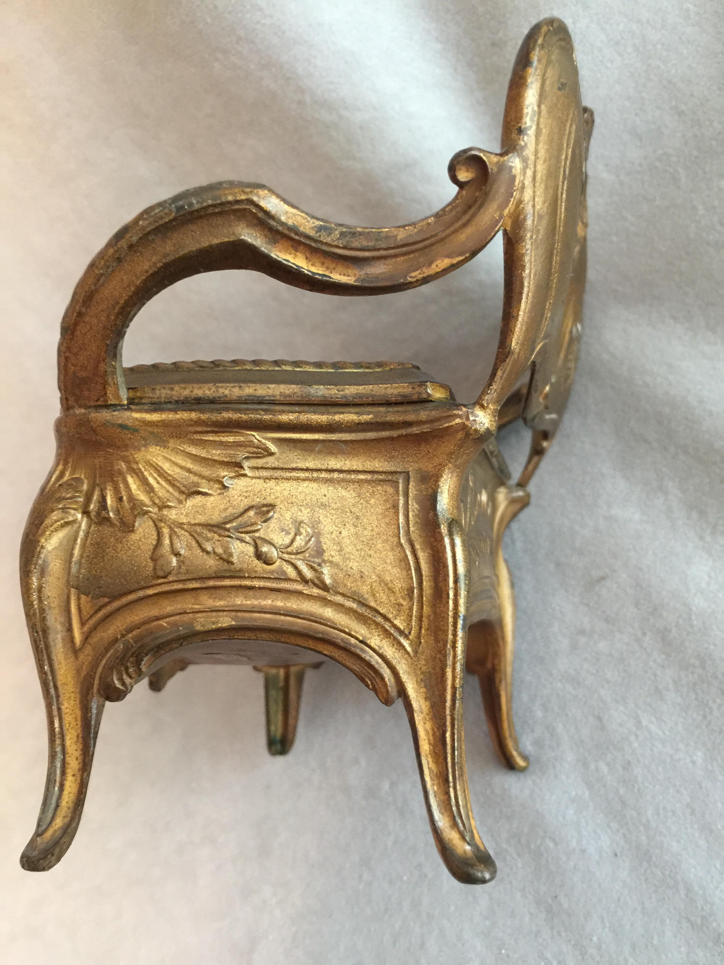 Unusual French Antique Mini Jewelry Box in the Form of a Loveseat, Gilt Metal In Good Condition In Petaluma, CA