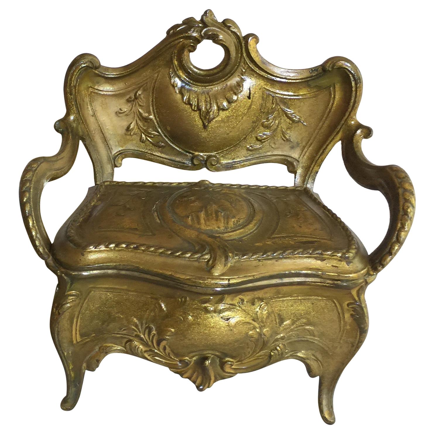 Unusual French Antique Mini Jewelry Box in the Form of a Loveseat, Gilt Metal
