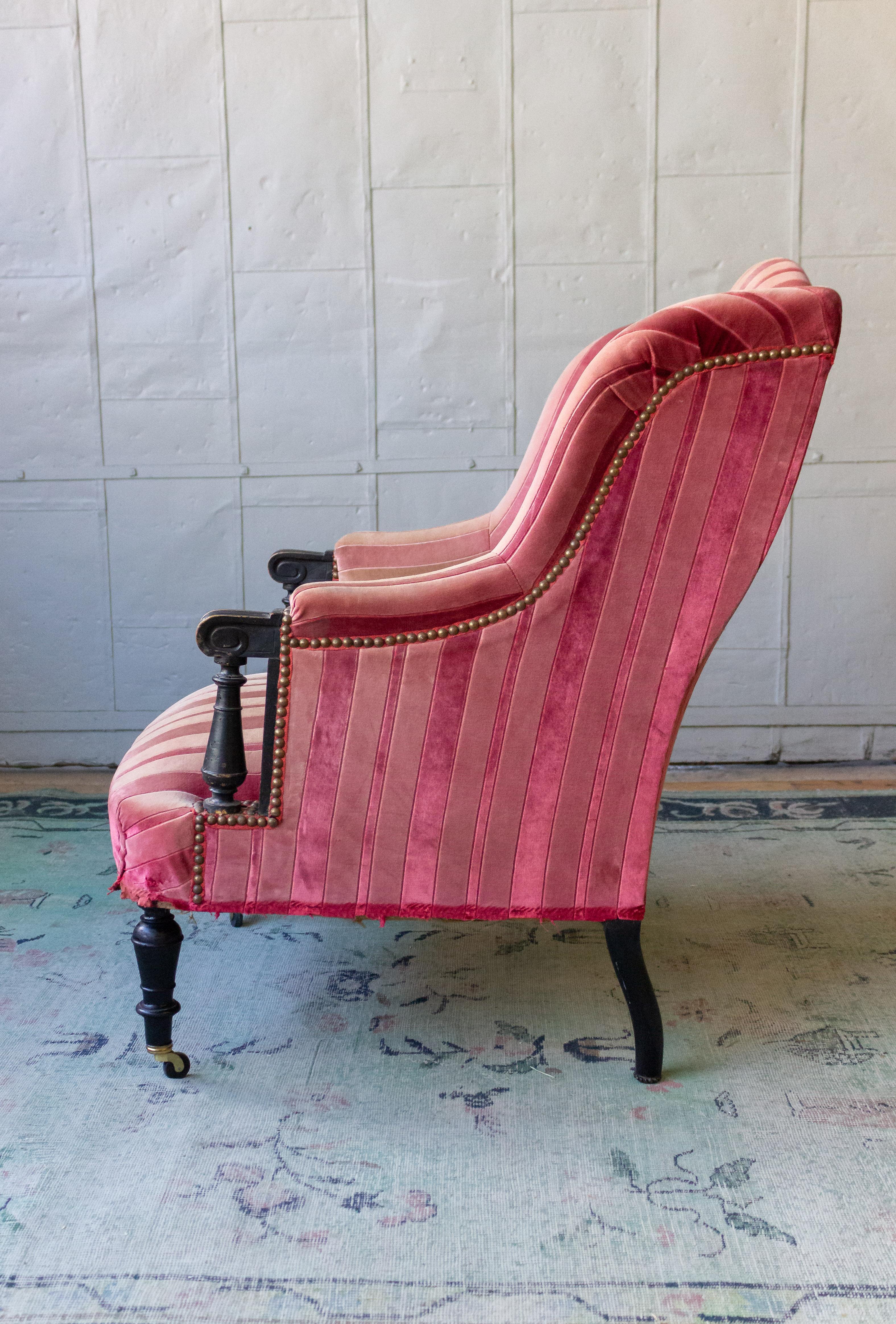 Unusual French Armchair in Faded Red Velvet (Napoleon III.)