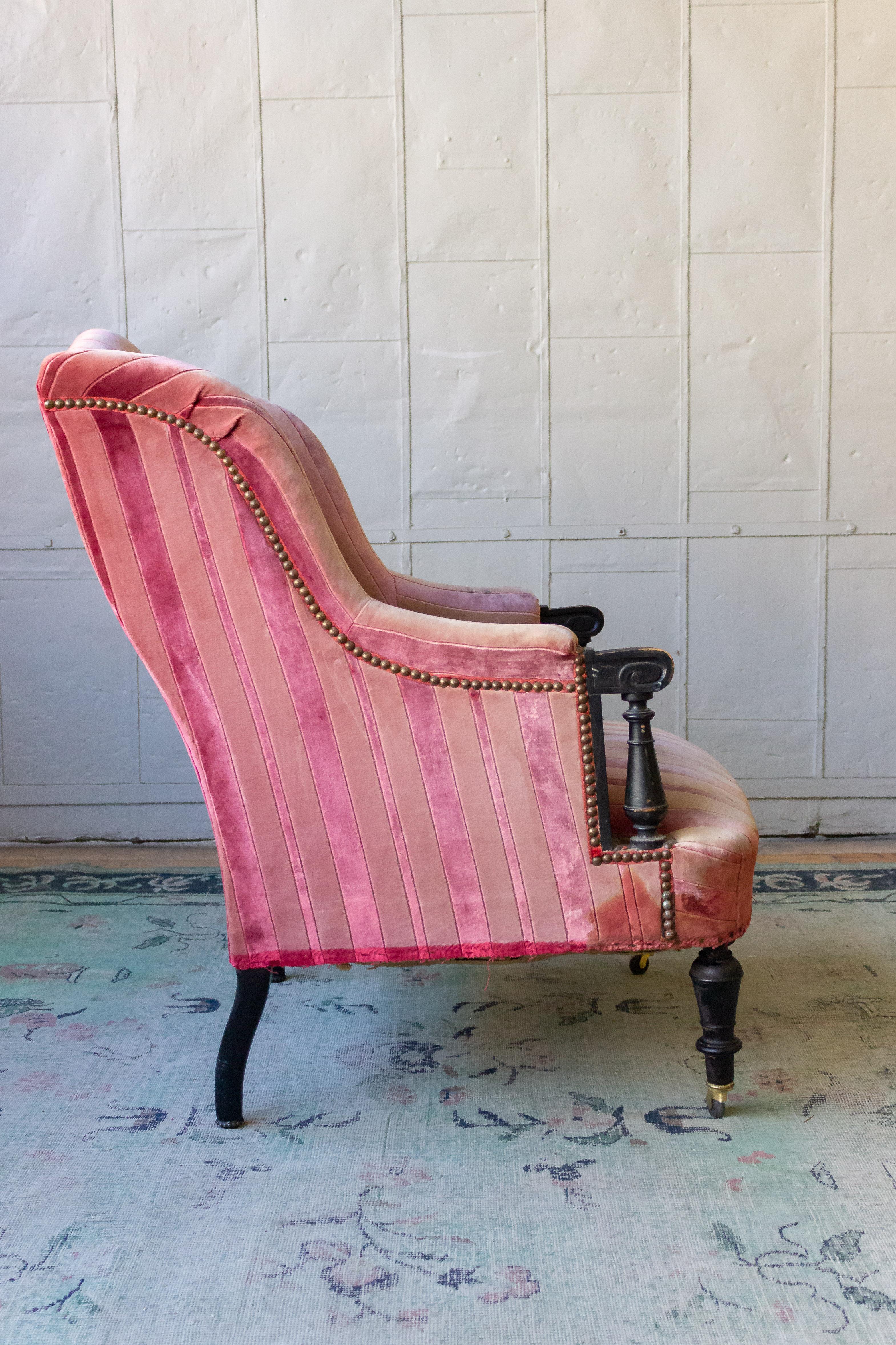 Unusual French Armchair in Faded Red Velvet 2
