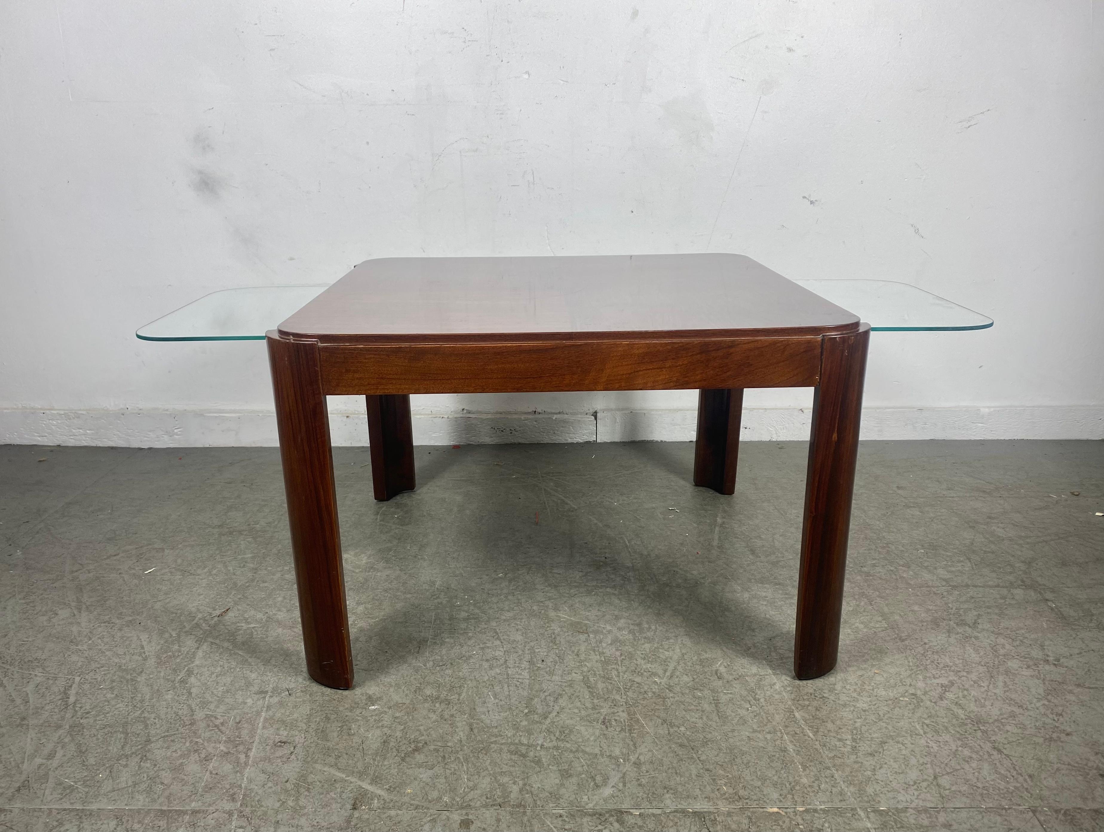 Unusual French Art Deco Rosewood Cocktail / Coffee Table, Classic Modernist Deco design,,Unusual pull out glass inserts,, Wonderful rosewood alternating pattern..Hand delivery avail to New York City or anywhere en route from Buffalo NY