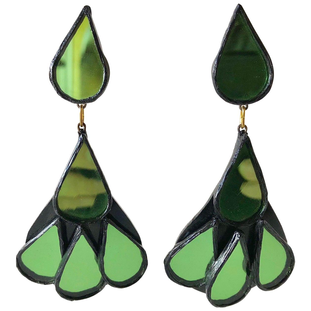 French Designer Contemporary Style Talosel Green Mirror Statement Earrings