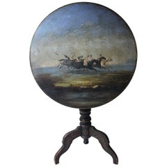 Unusual French Ebonized Tripod Table Painted with a Horse Racing Scene