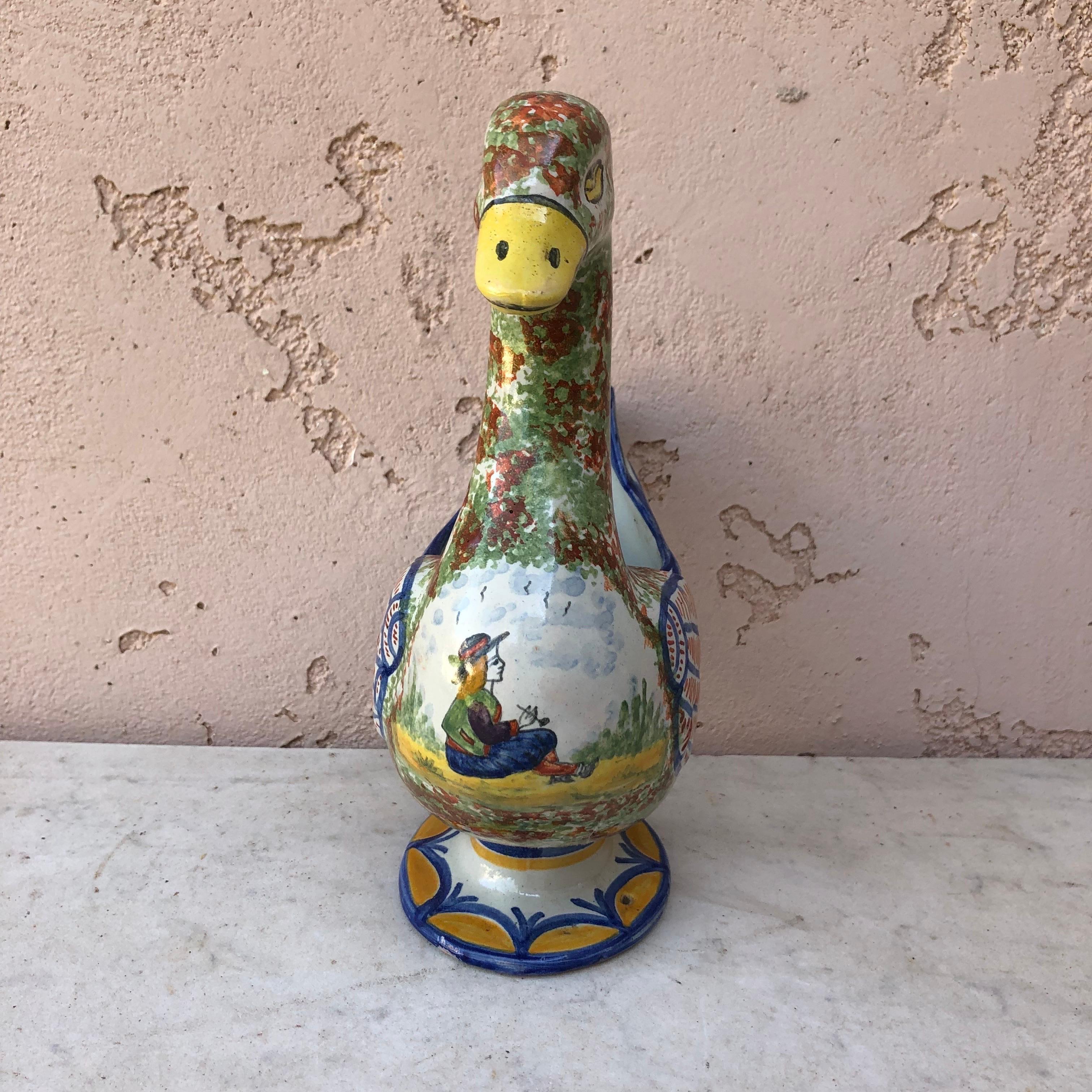 Unusual French Faience duck vase signed HB Quimper Hubaudiere, circa 1880.